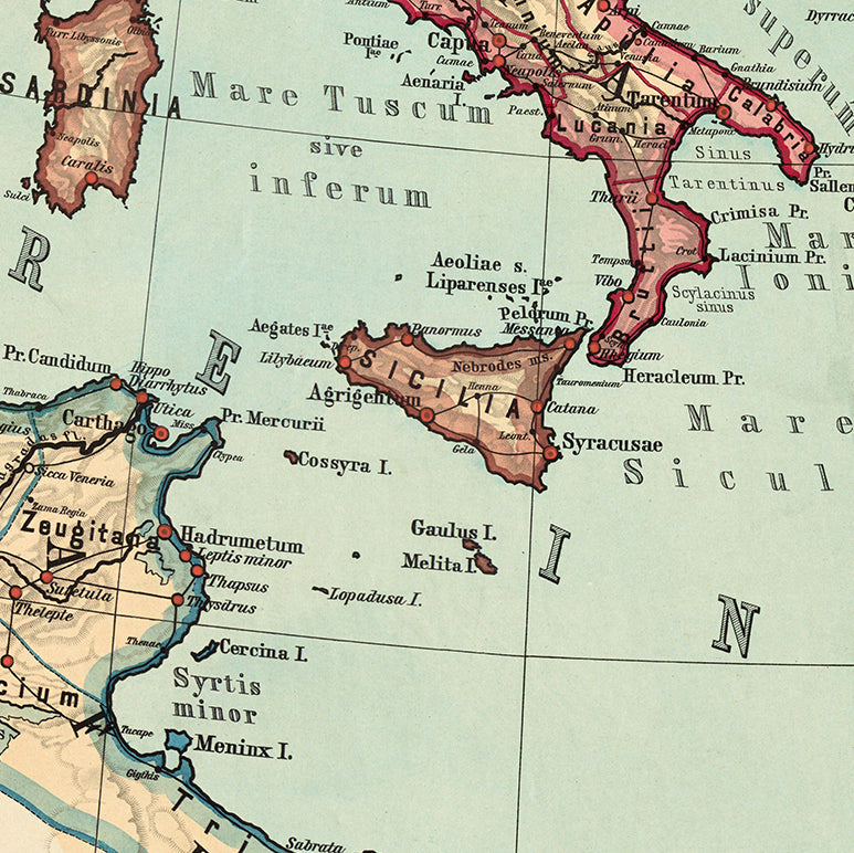 The image is a vintage map of the Mediterranean region, showing the coastline, islands, and surrounding areas in a detailed and colorful manner.