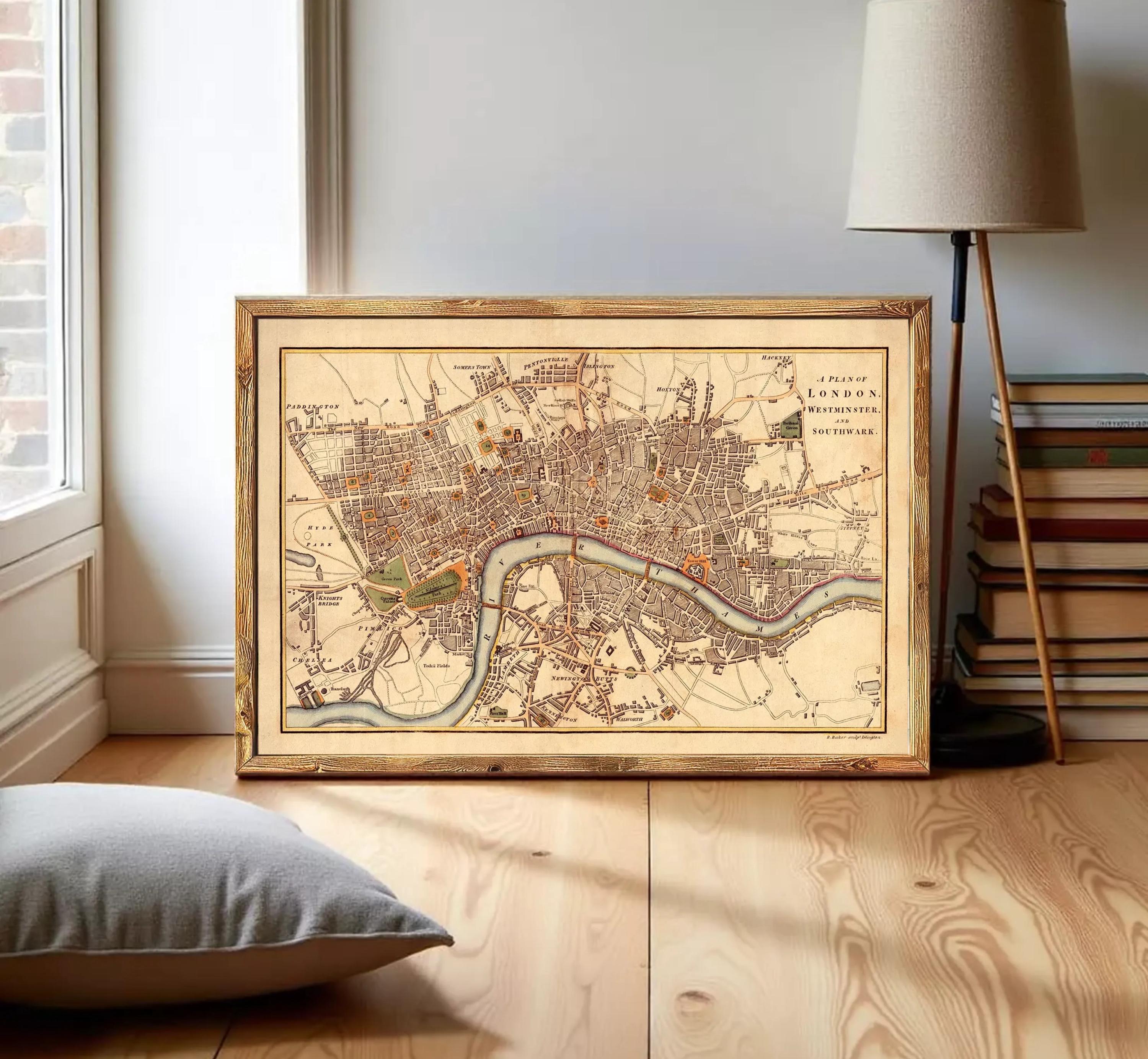The image is a framed map of London, England, depicting the city's streets and landmarks.