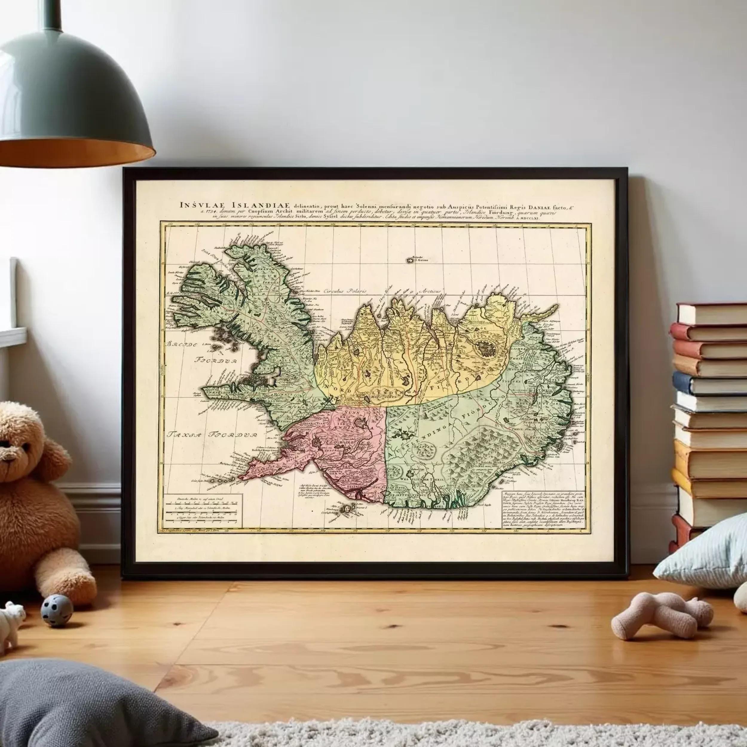 The image is a framed vintage map of Iceland, depicting the country's geographical layout and surrounding areas.