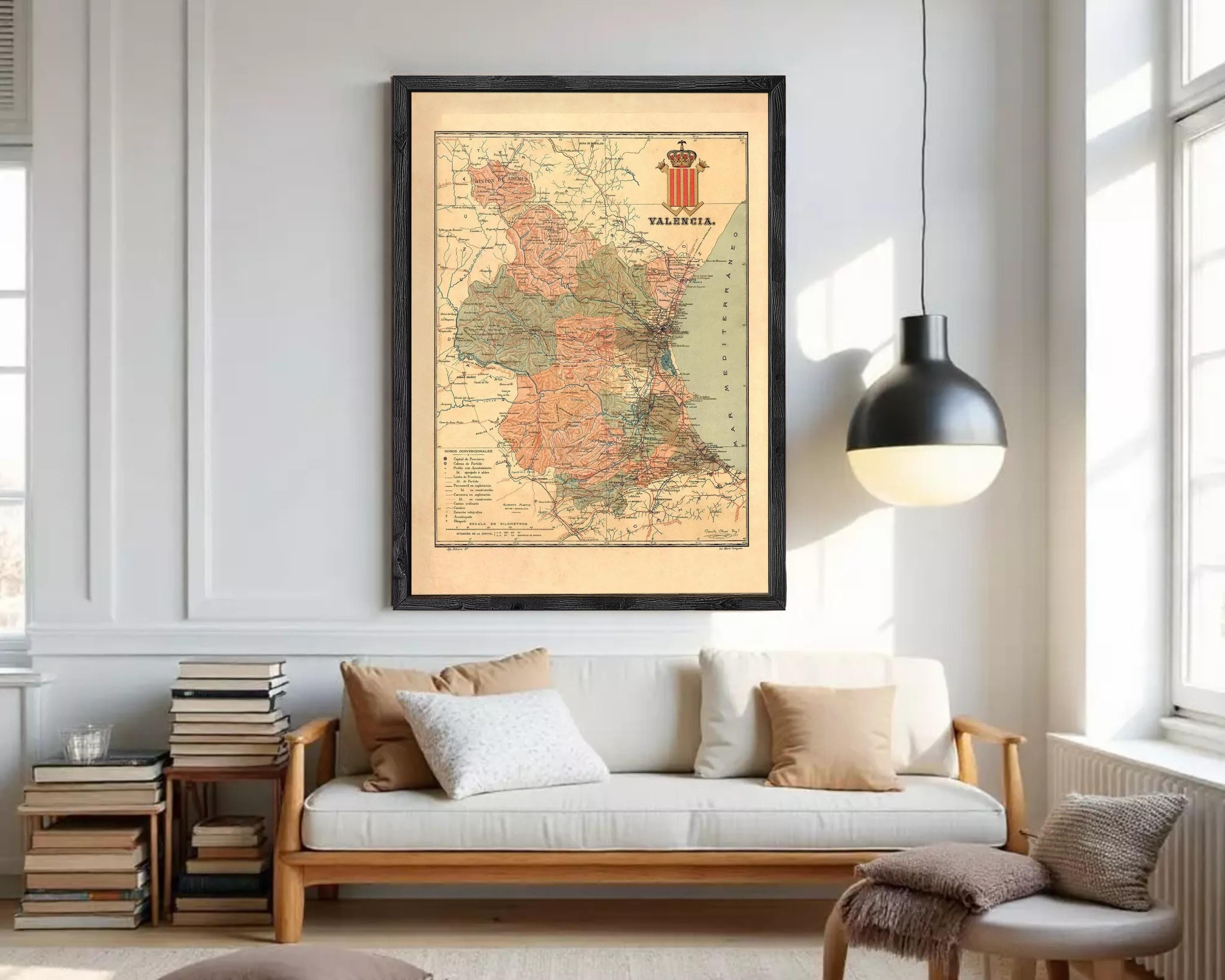 The image is a framed vintage map of the region of Valencia, Spain.