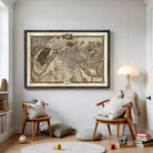 a large framed map of Paris hanging on a wall in a cozy living room setting.