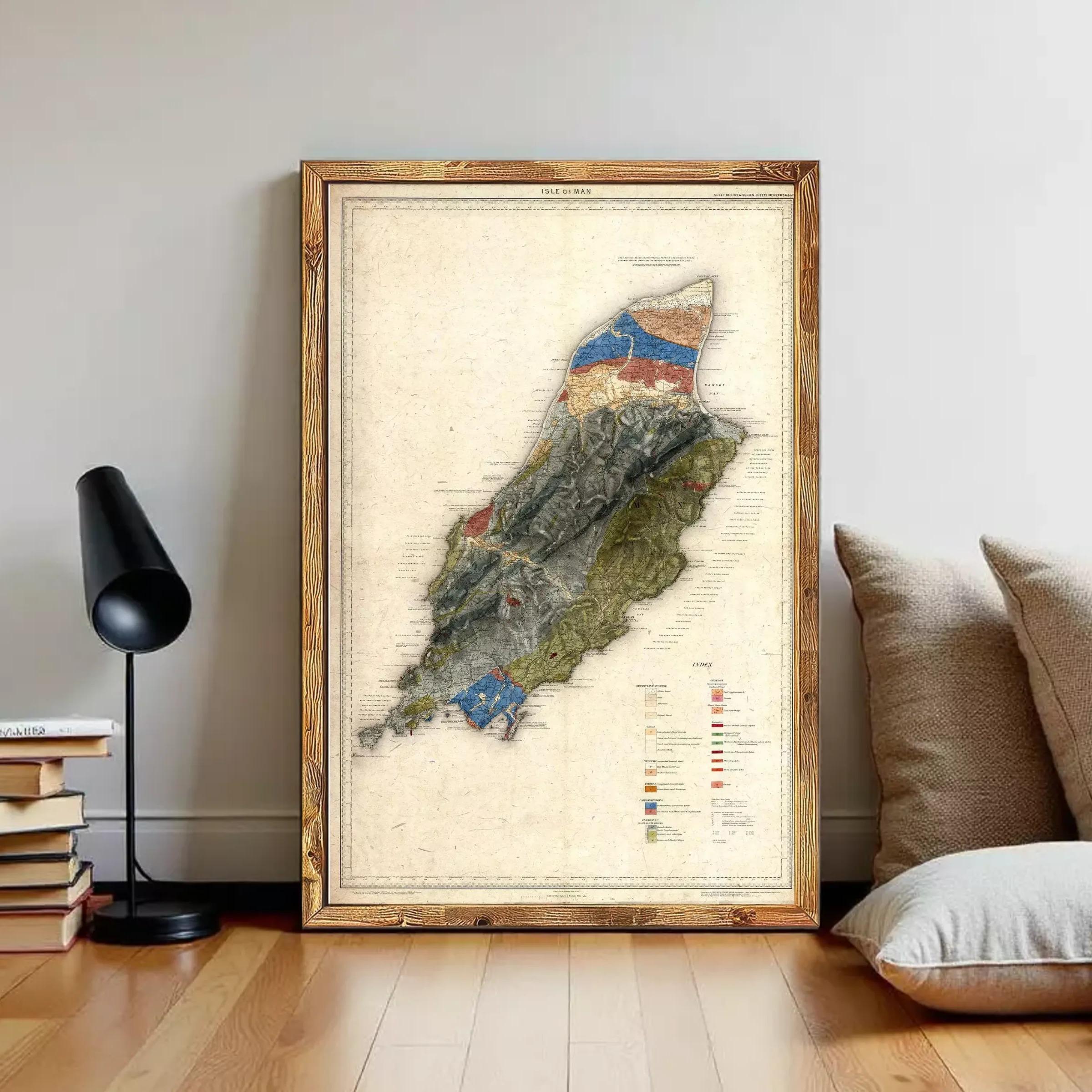 The image is a framed map of a region, likely depicting a mountainous area, with various colored regions representing different elevations or terrain types.
