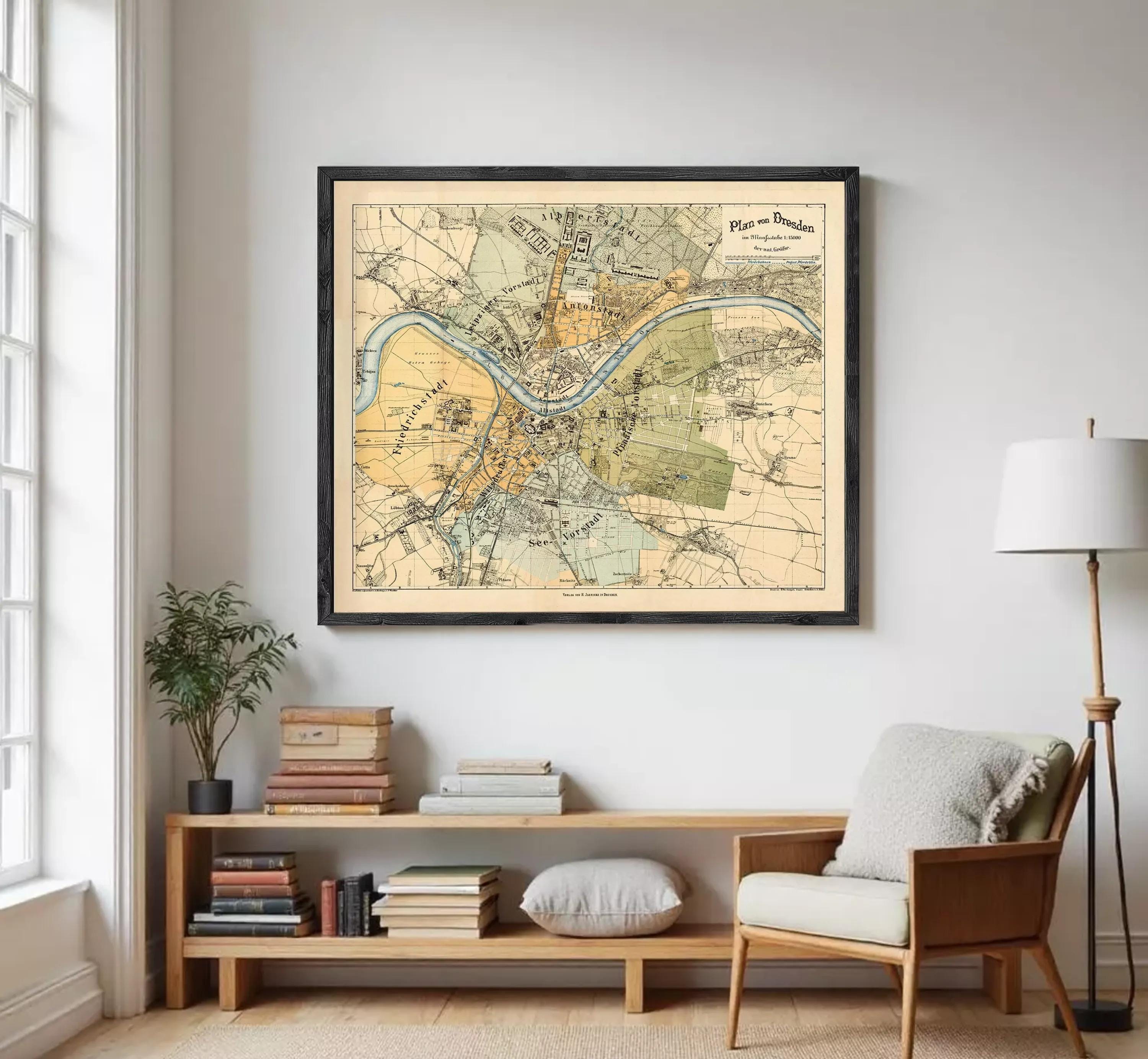 The image is a framed vintage map of a city, likely from the 19th century, depicting various landmarks and geographical features.