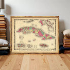 The image is a vintage map of Cuba, featuring a detailed and colorful depiction of the country's geography and boundaries.