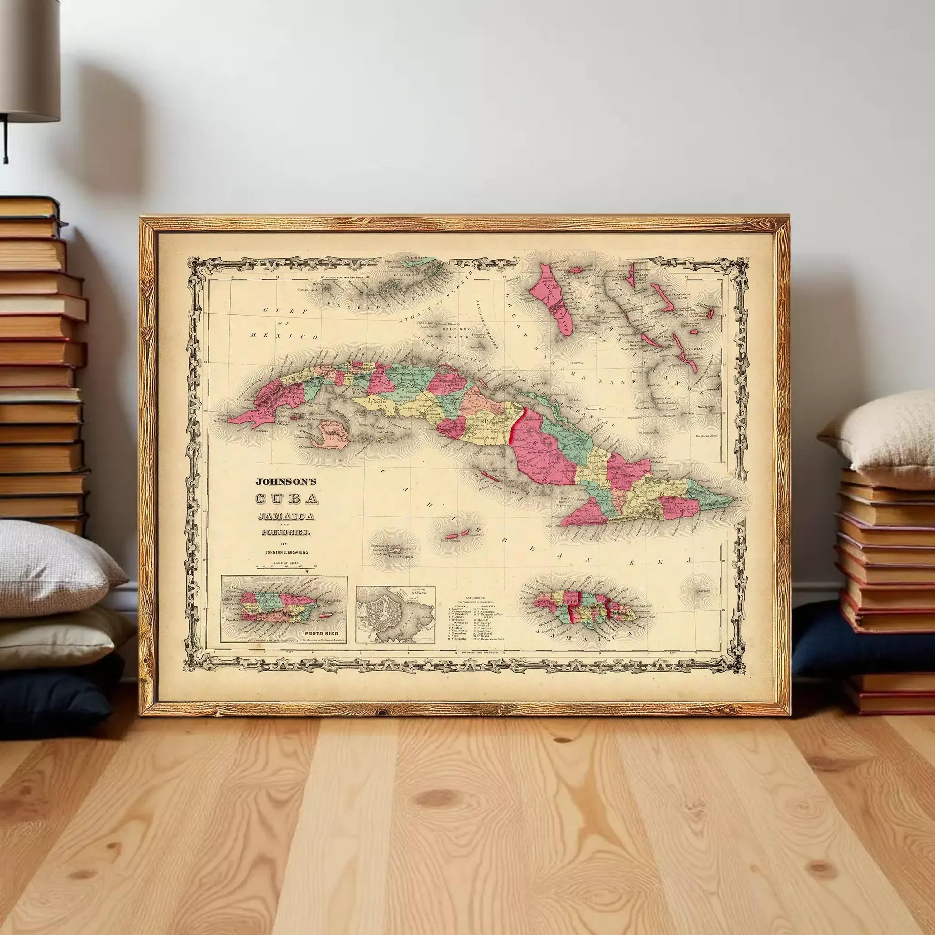 The image is a vintage map of Cuba, featuring a detailed and colorful depiction of the country's geography and boundaries.