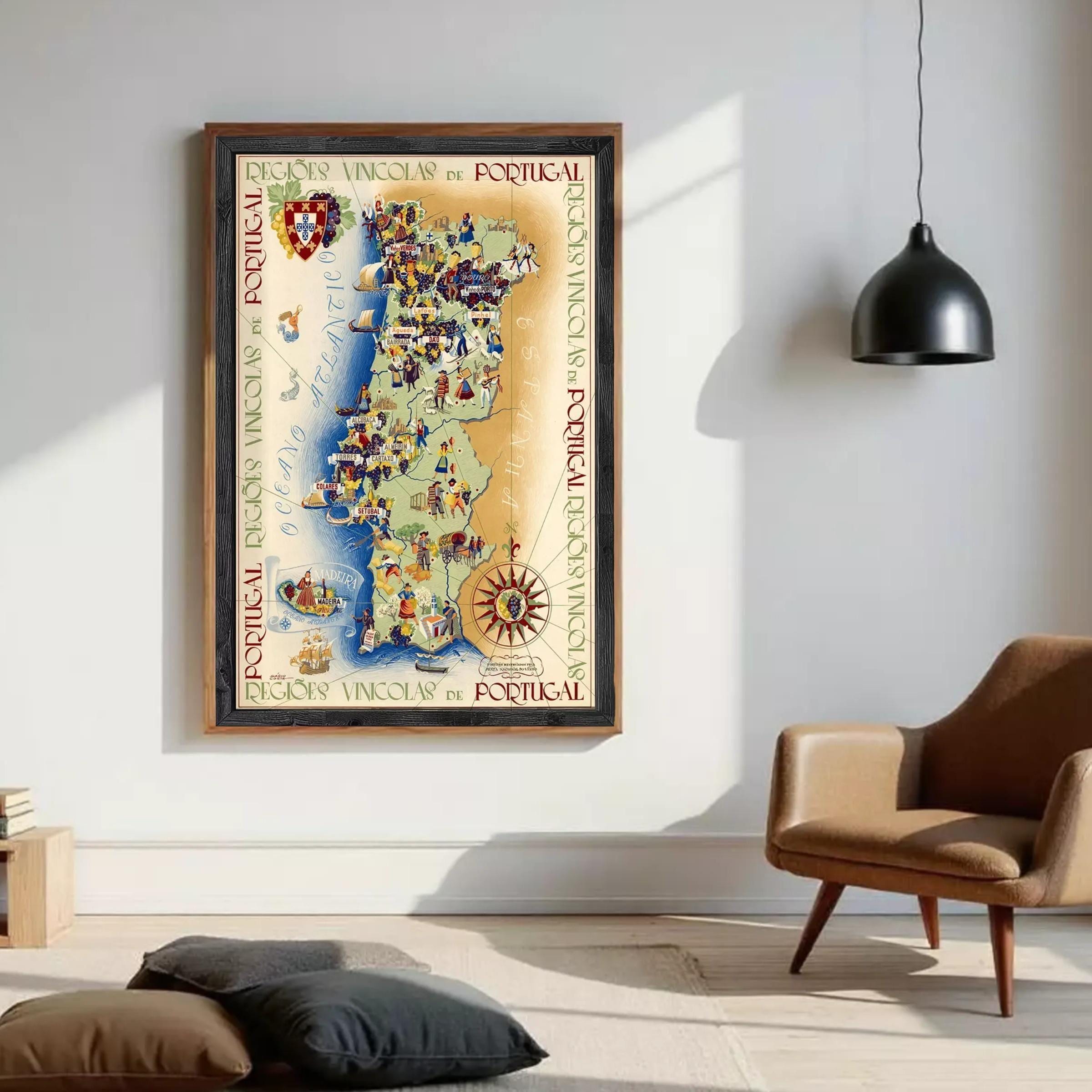 The image is a framed vintage map of Portugal, featuring colorful illustrations and text.
