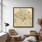 The image is a framed vintage map of a city, depicting various landmarks and streets.