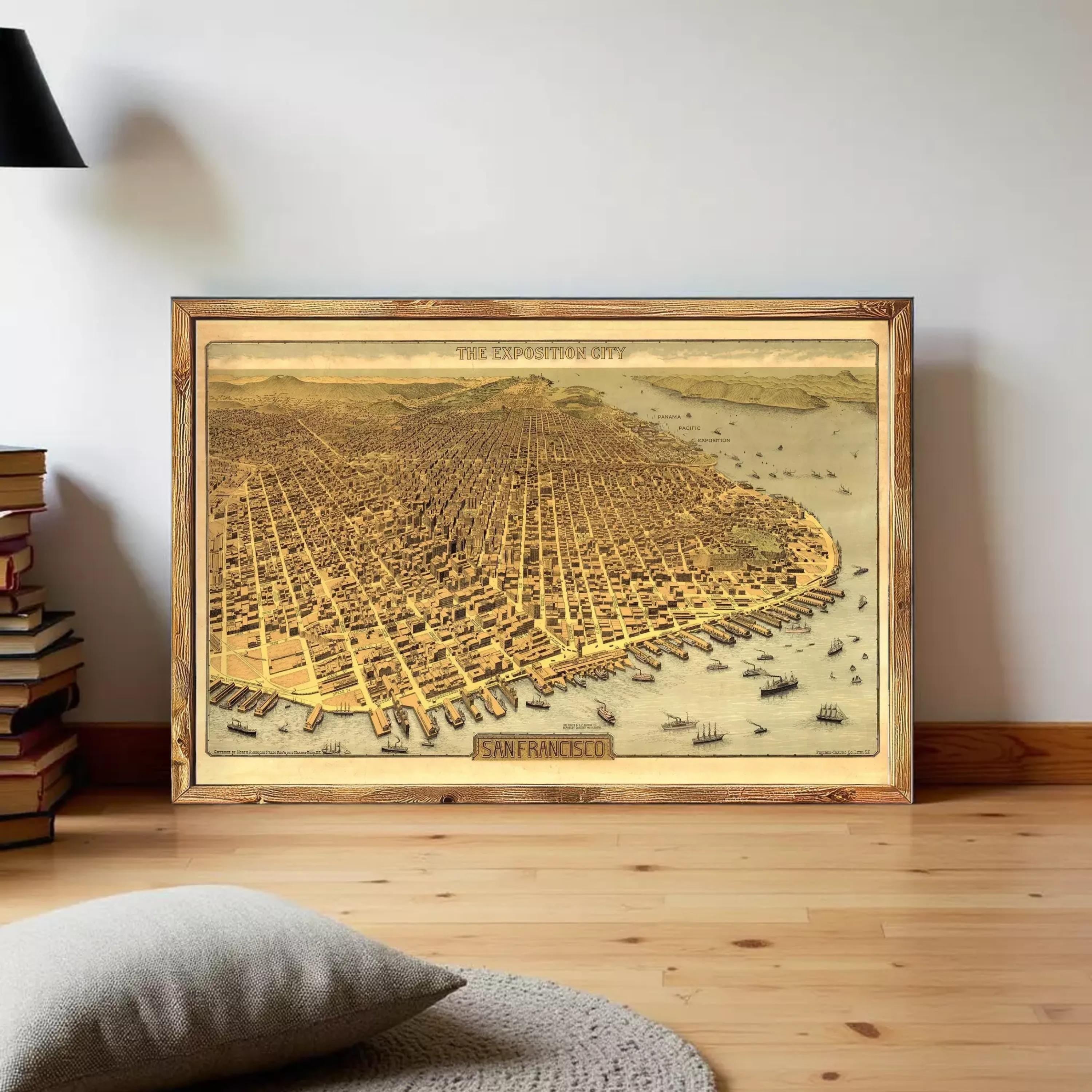 The image is a framed vintage map of San Francisco, California, depicting the city's layout and surrounding areas.