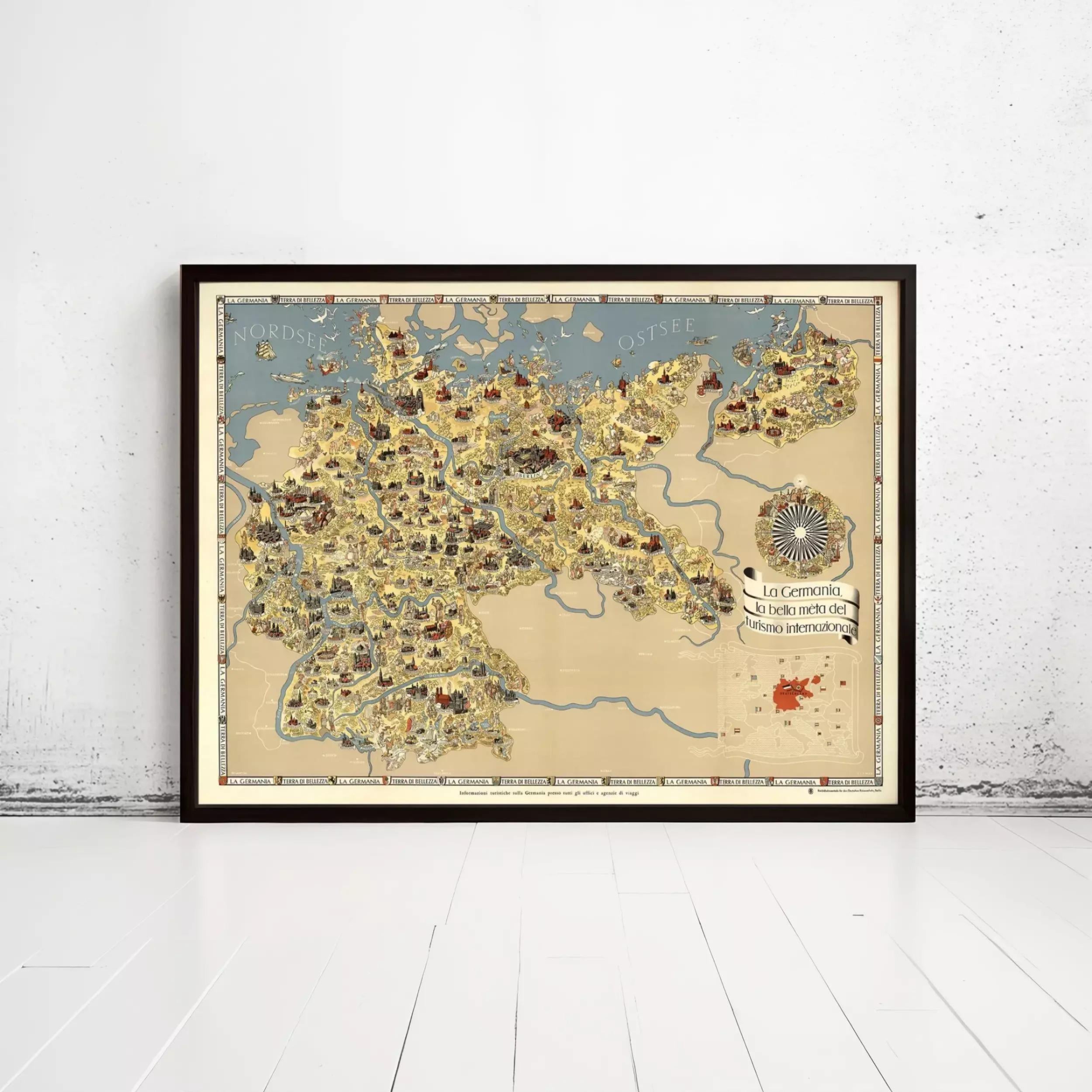 The image is a framed map of Europe, depicting various countries and regions in a detailed and colorful manner.
