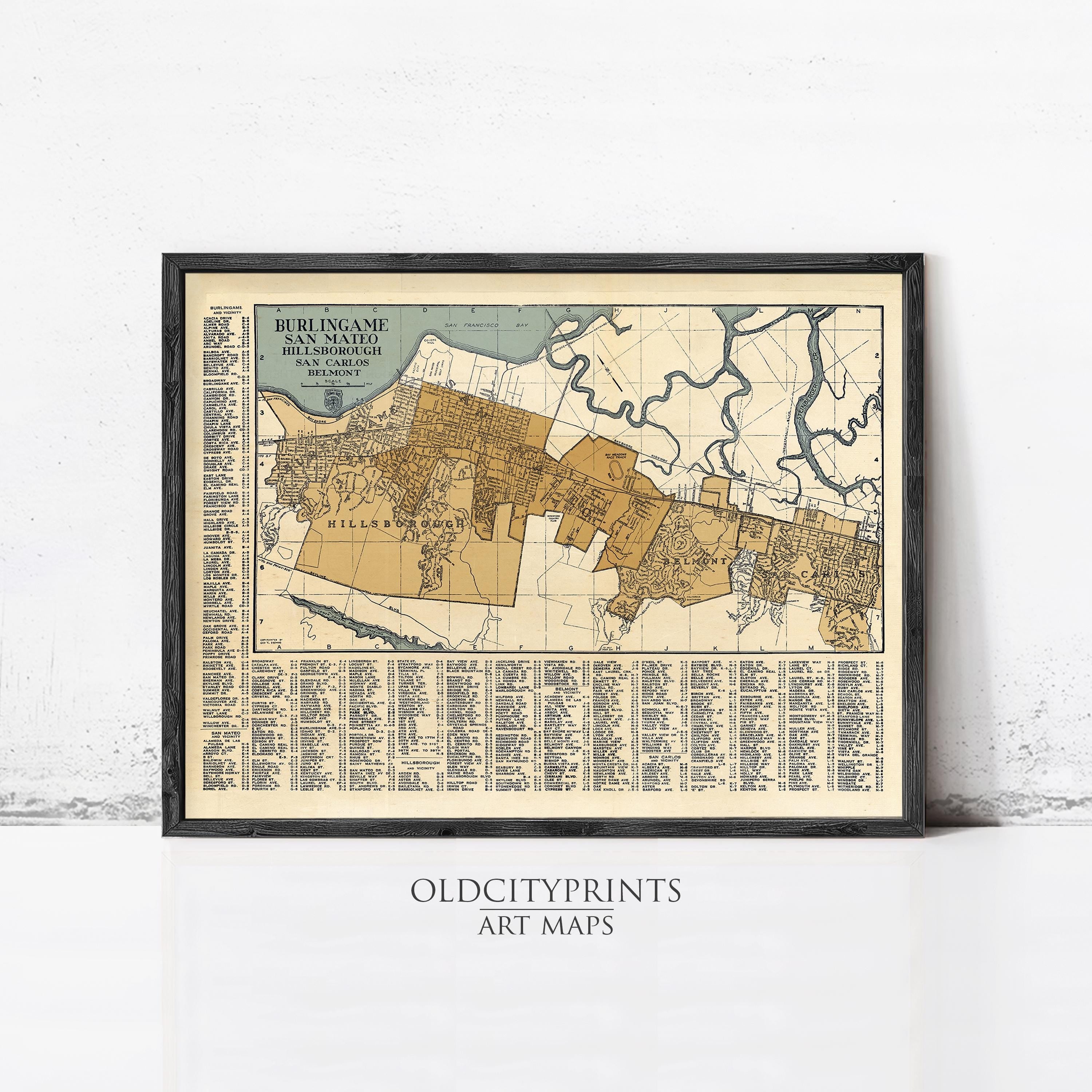 The image is a framed vintage map of Burlingame, San Mateo, and San Francisco, California, with detailed labels and a color scheme of brown and beige.
