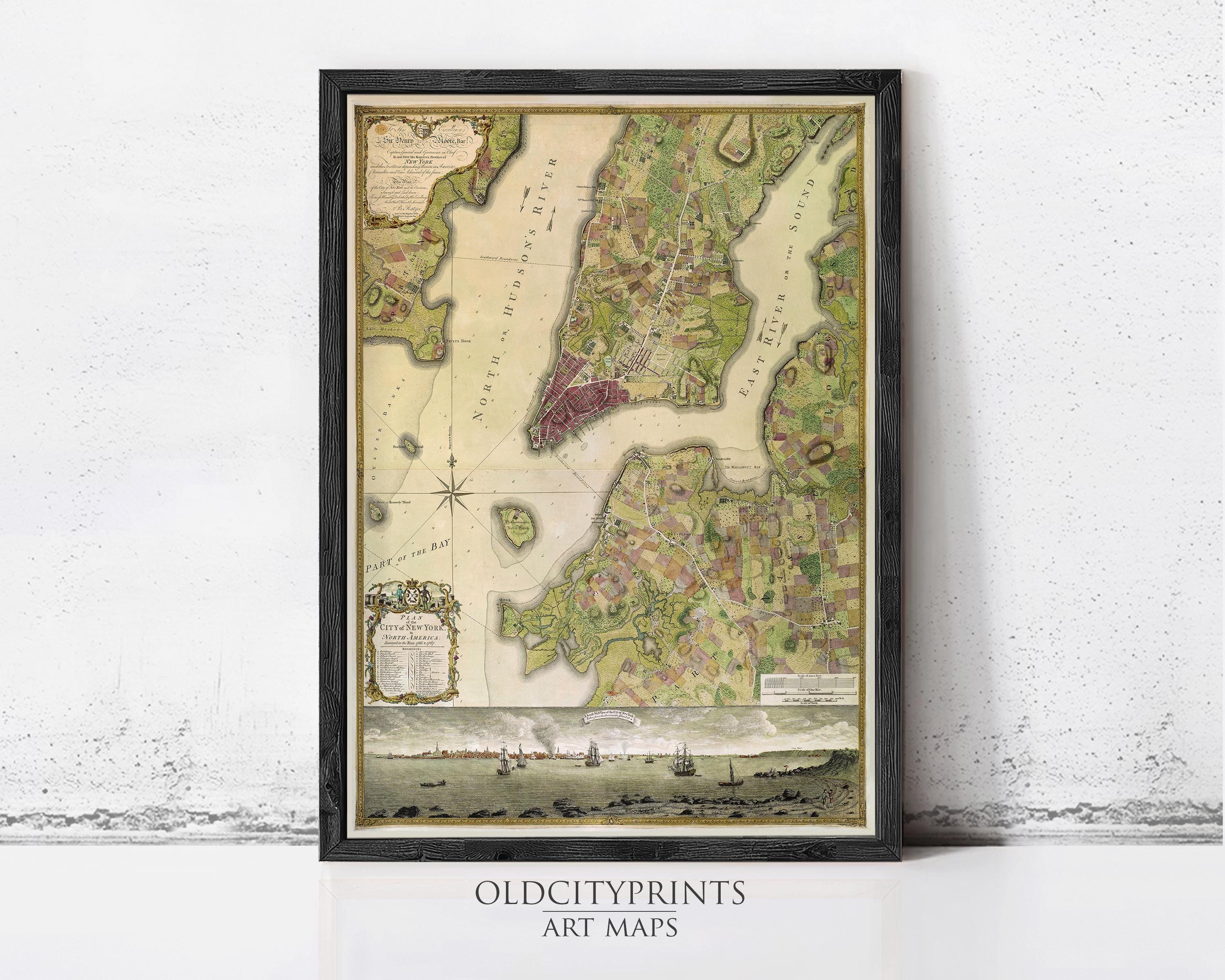 The image is a framed vintage map of New York City, depicting the city's layout and surrounding areas.