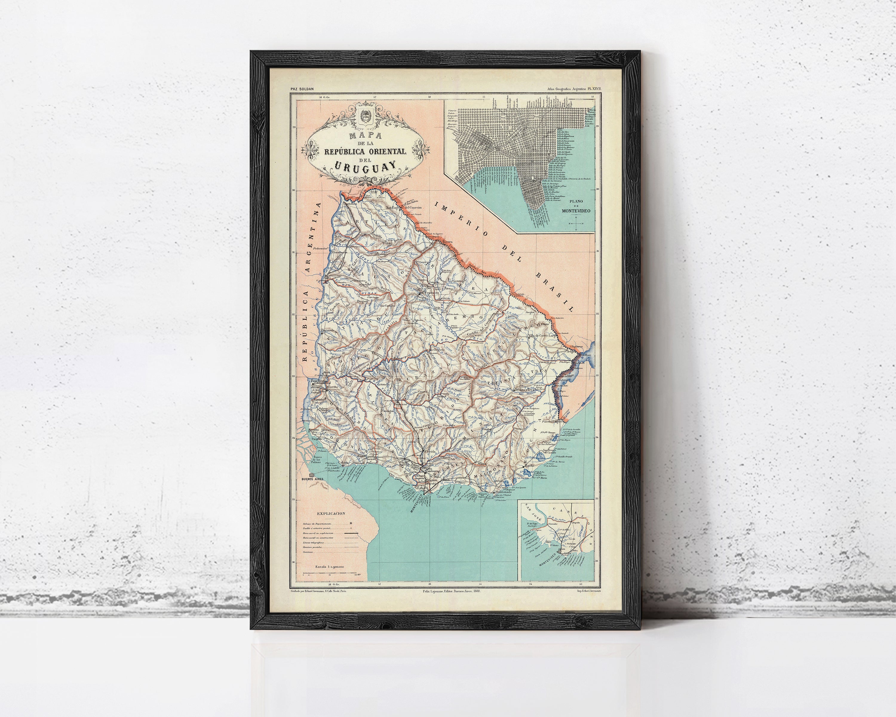 The image is a framed vintage map of the island of OREGON, displaying geographical information and coastlines.