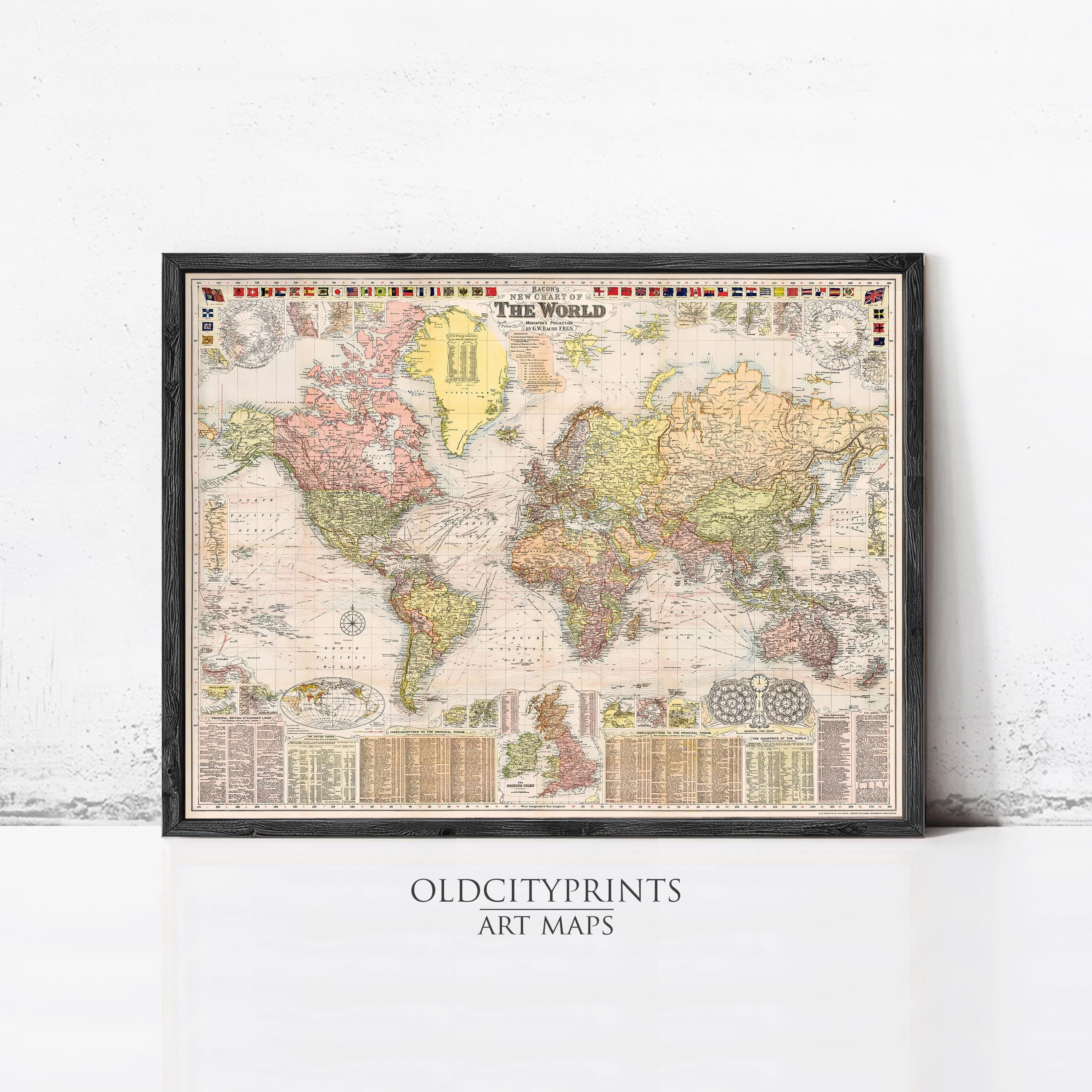 The image is a framed vintage world map from the year 1884, titled "The World" and featuring a detailed and colorful depiction of the continents and oceans.