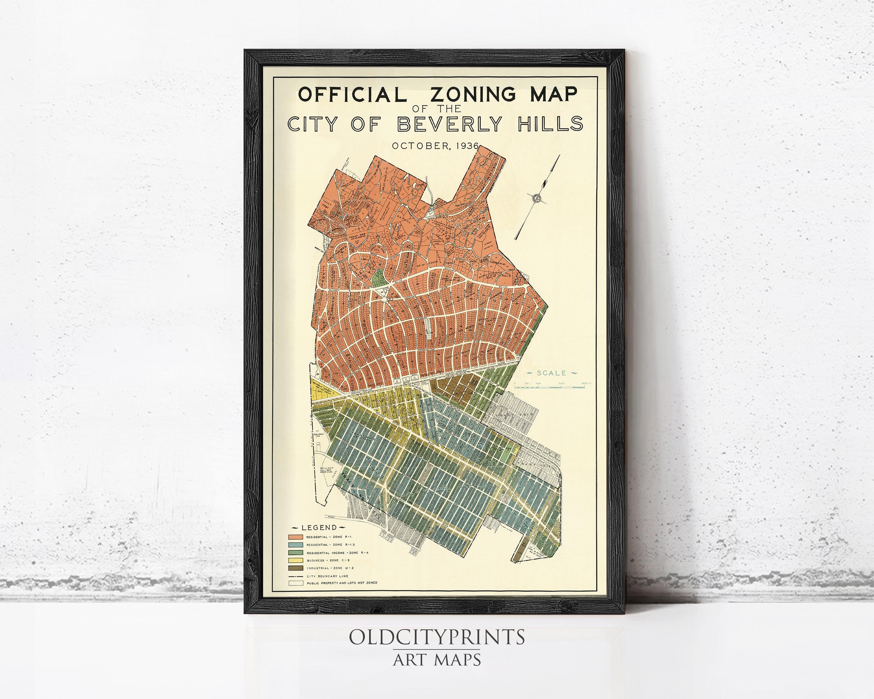 The image is an official zoning map of the City of Beverly Hills, dated October, 1936.