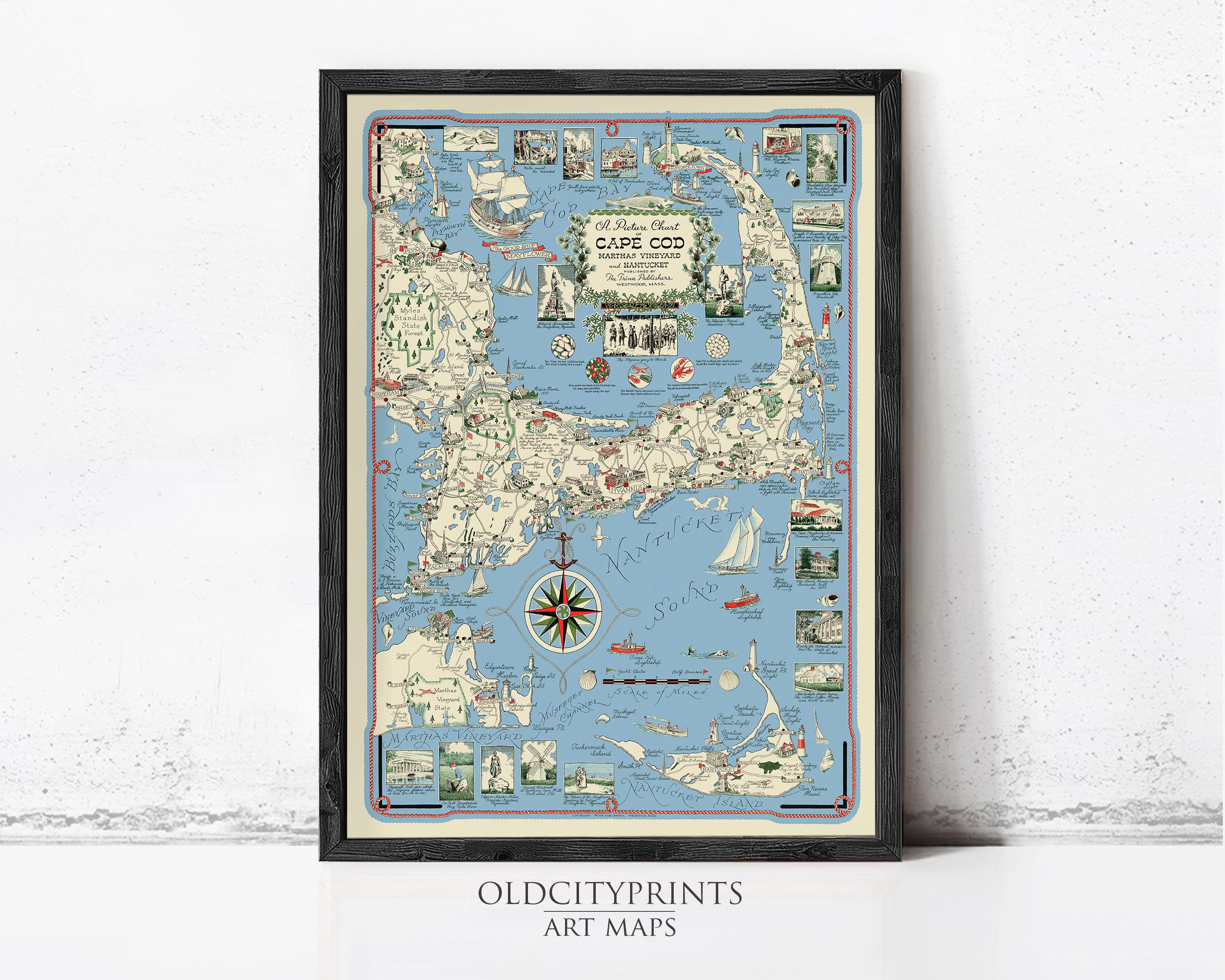 The image is a framed vintage map of Cape Cod, Massachusetts, depicting various landmarks, locations, and nautical elements.