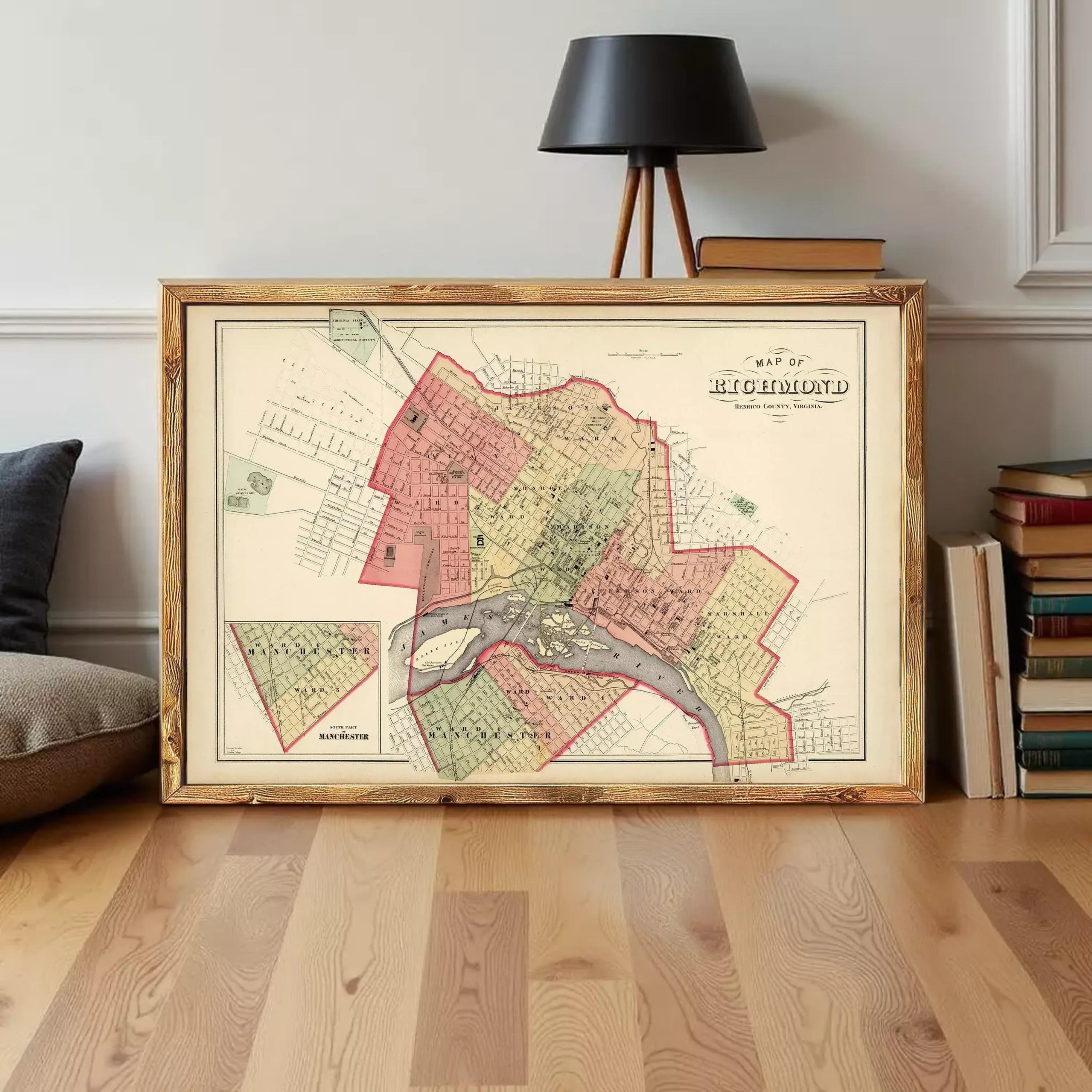 The image is a framed map of Richmond, Virginia, depicting the city's layout and surrounding areas.