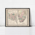 The image is a framed vintage map of the city of Savannah, Georgia, with a detailed layout of the city's streets and neighborhoods.