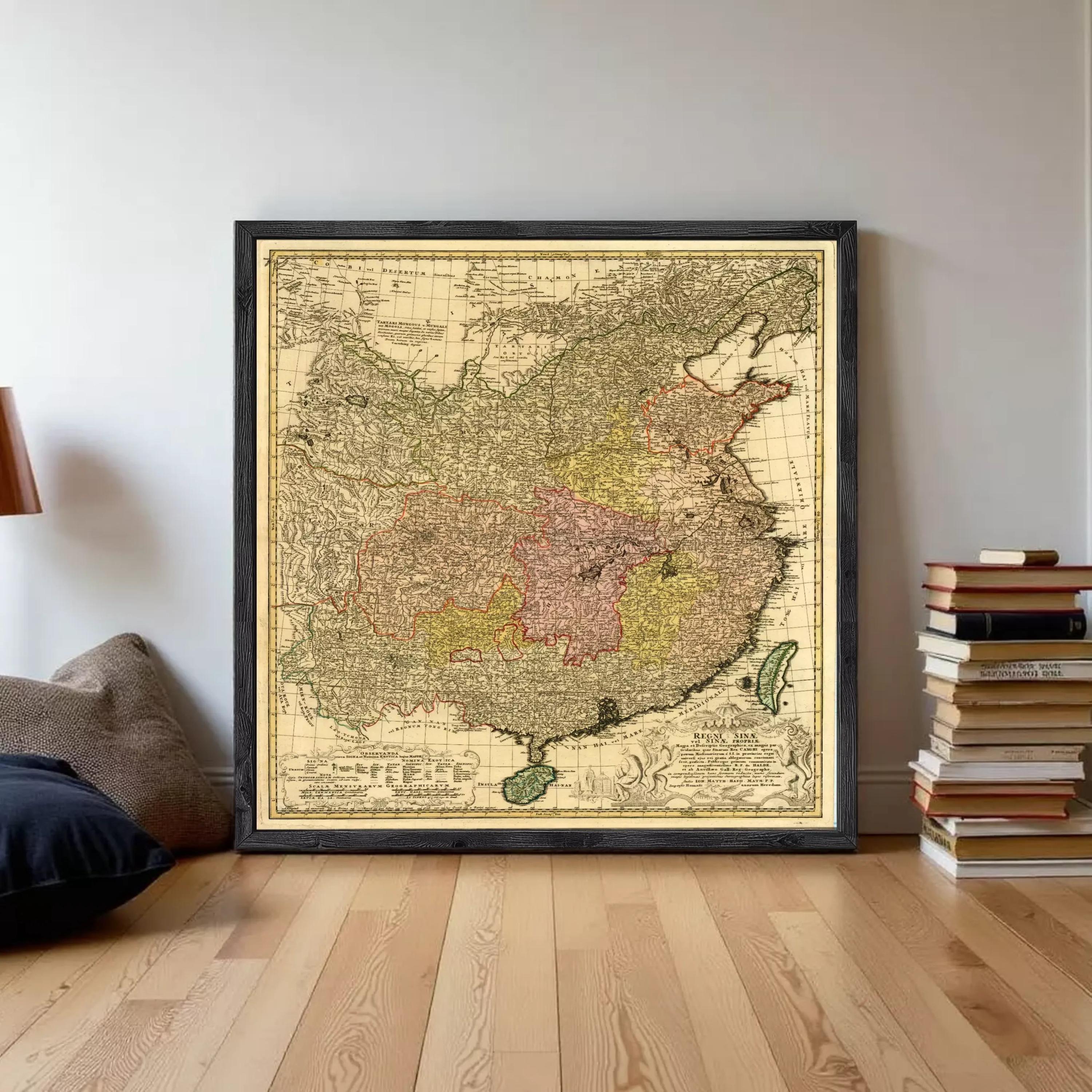The image is a framed vintage map of China, depicting the country in a detailed and intricate manner.