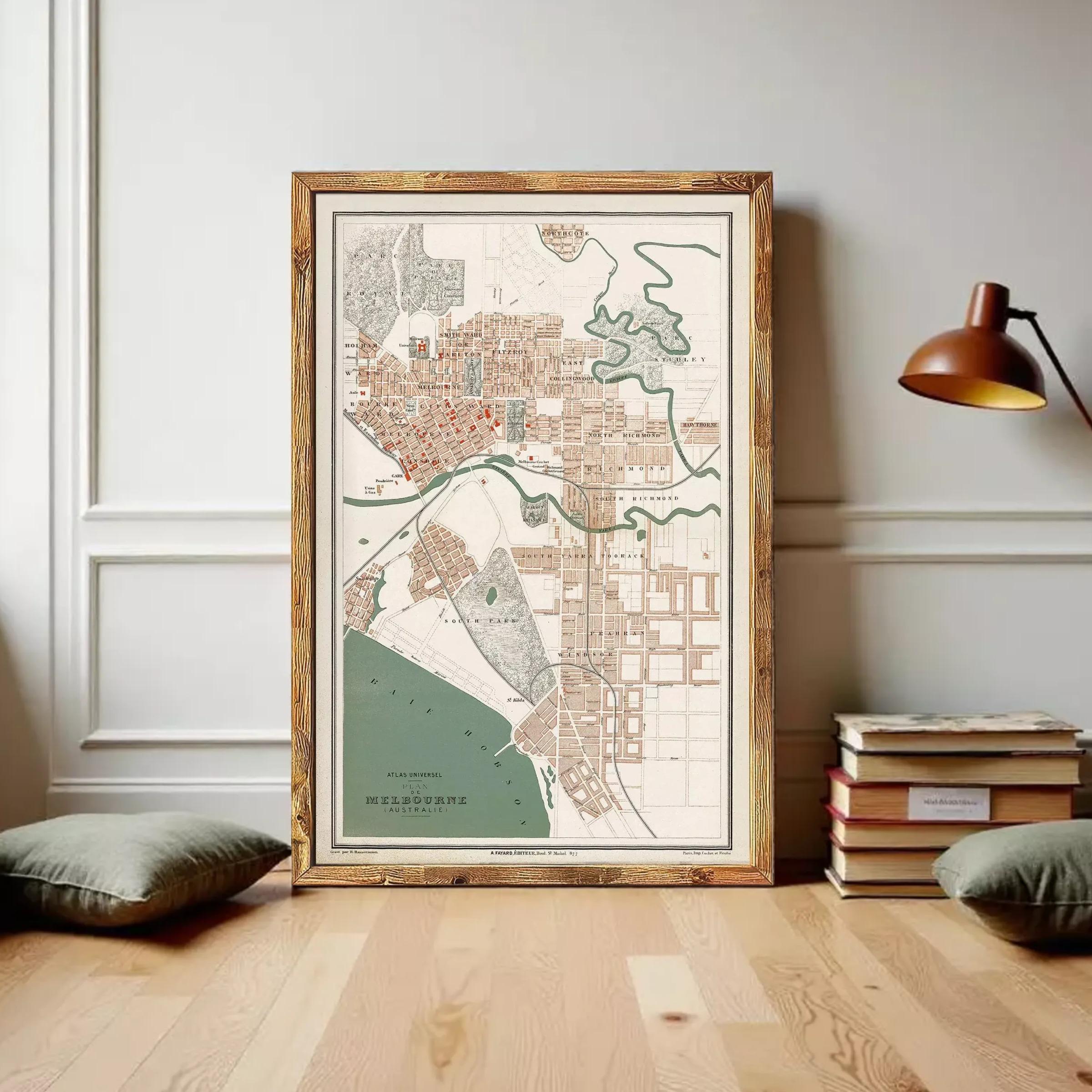 The image is a framed map of Melbourne, Australia, depicting the city's layout and surrounding areas.