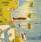 The image is a colorful map of Patagonia, Argentina, depicting various landmarks and locations such as the Grande, Magdalanes, and San Julián.