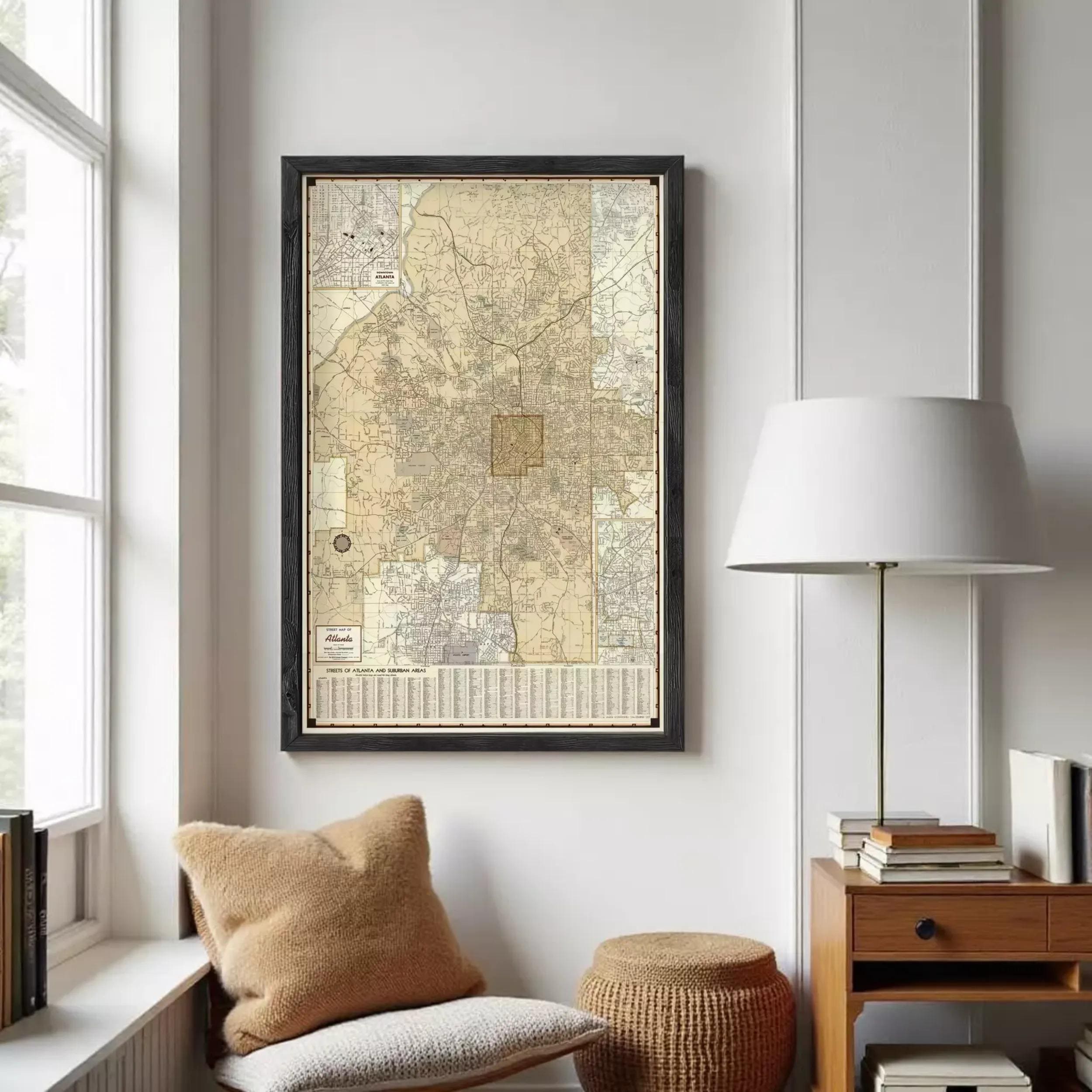 The image is a framed vintage map of Atlanta, Georgia, showing the city's streets and neighborhoods.
