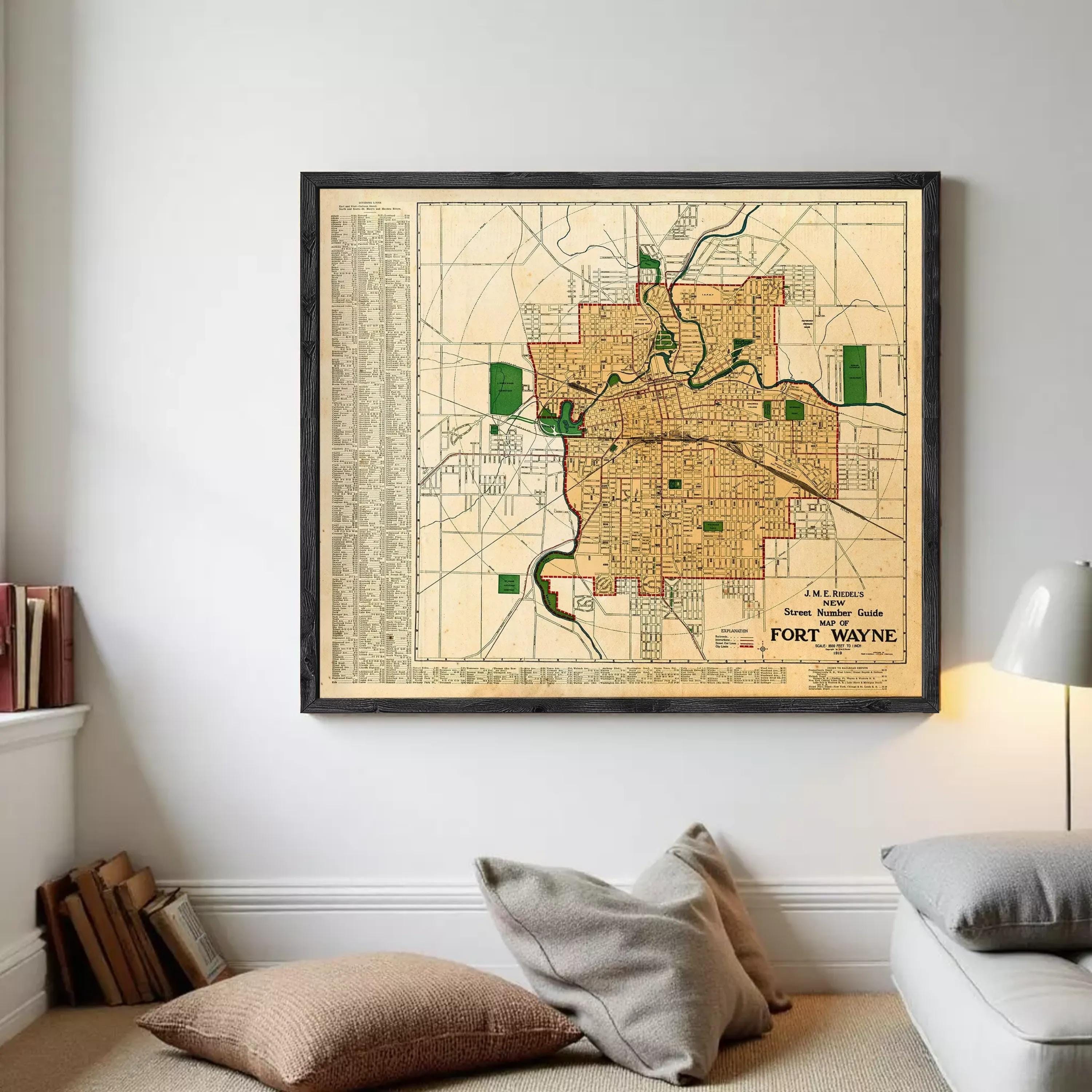A framed map of the city of Fort Wayne, with a focus on the downtown area.