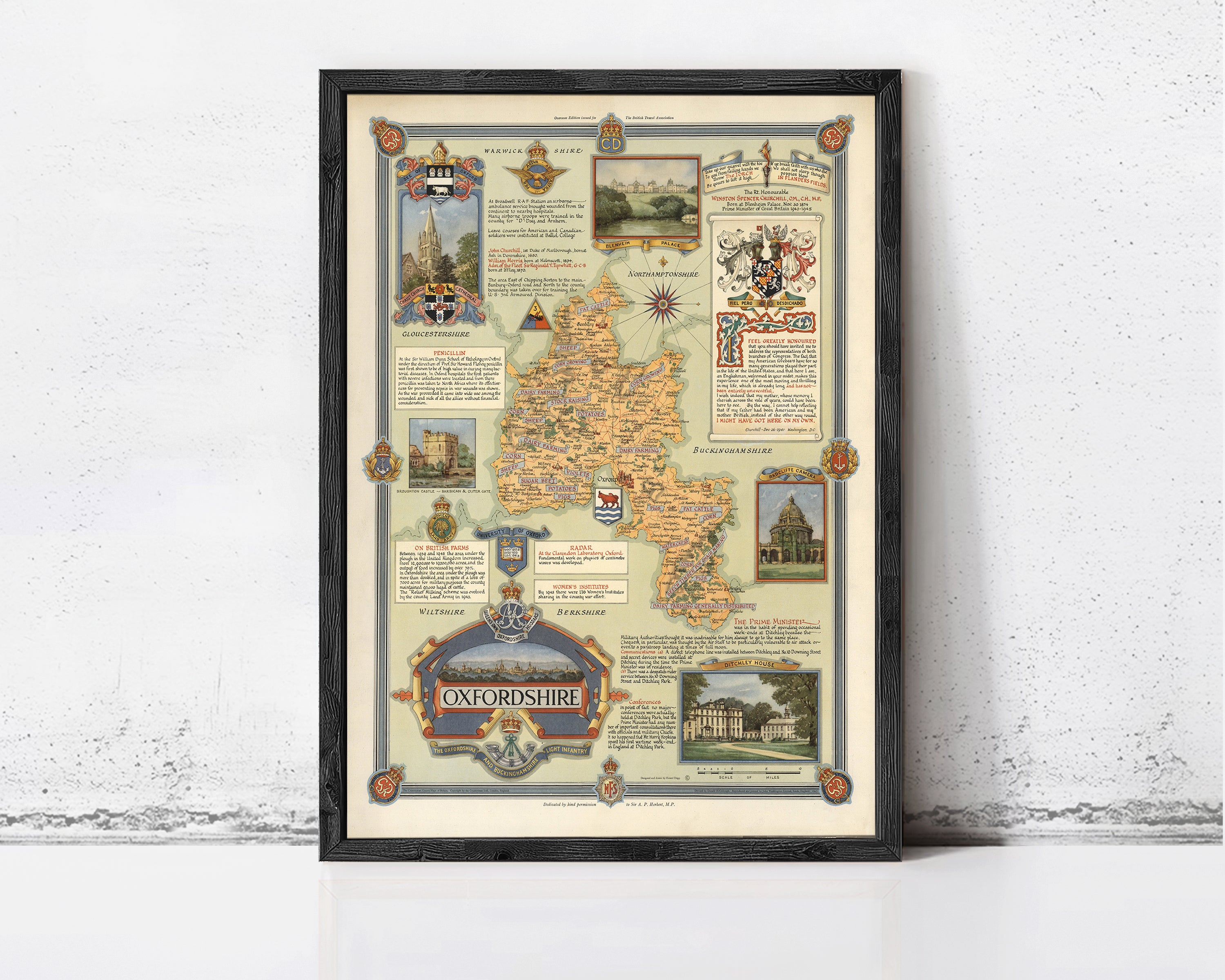 The image is a framed map of Oxfordshire, England, with various landmarks and locations marked on it.