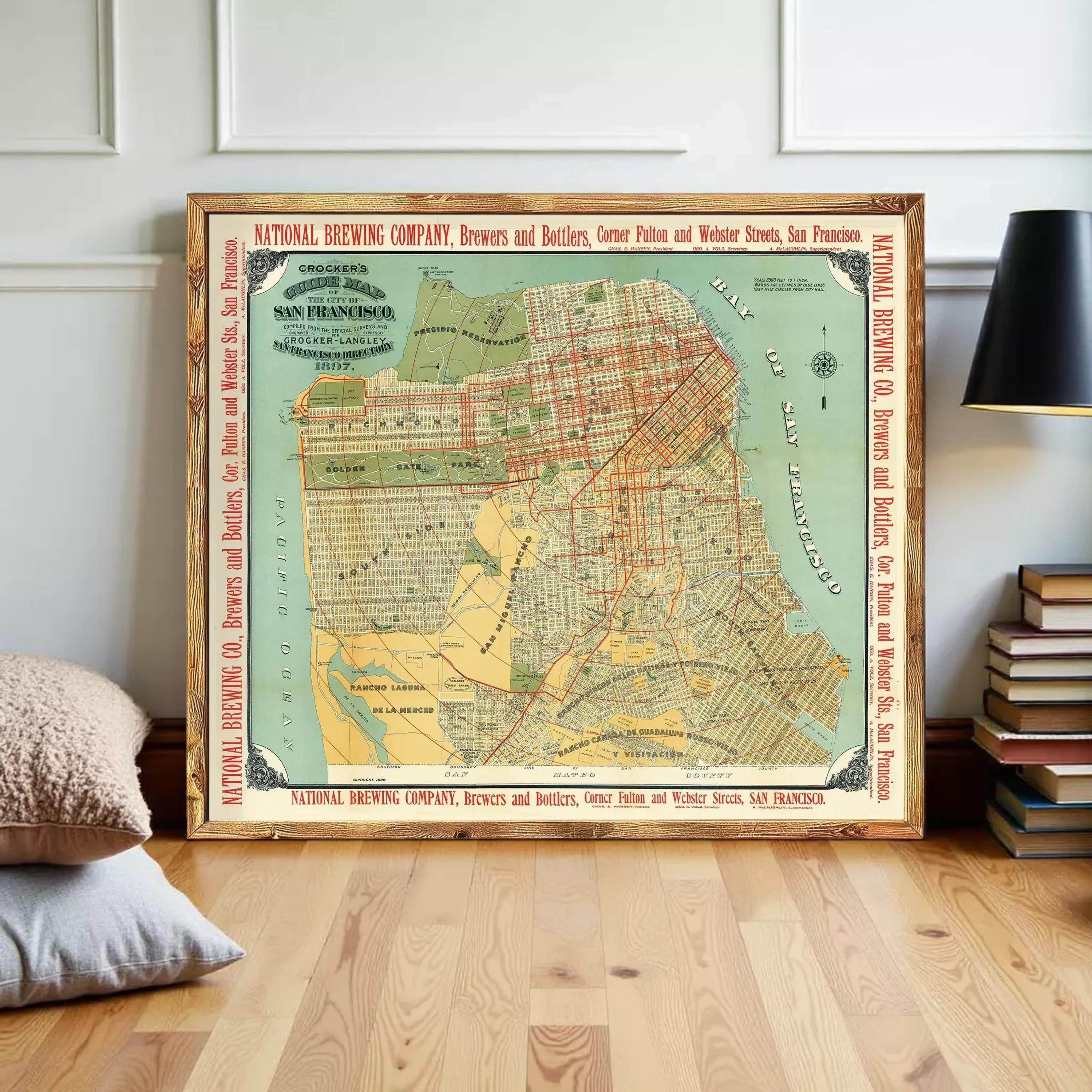 A framed vintage map of San Francisco, California, with labels for various locations and streets.