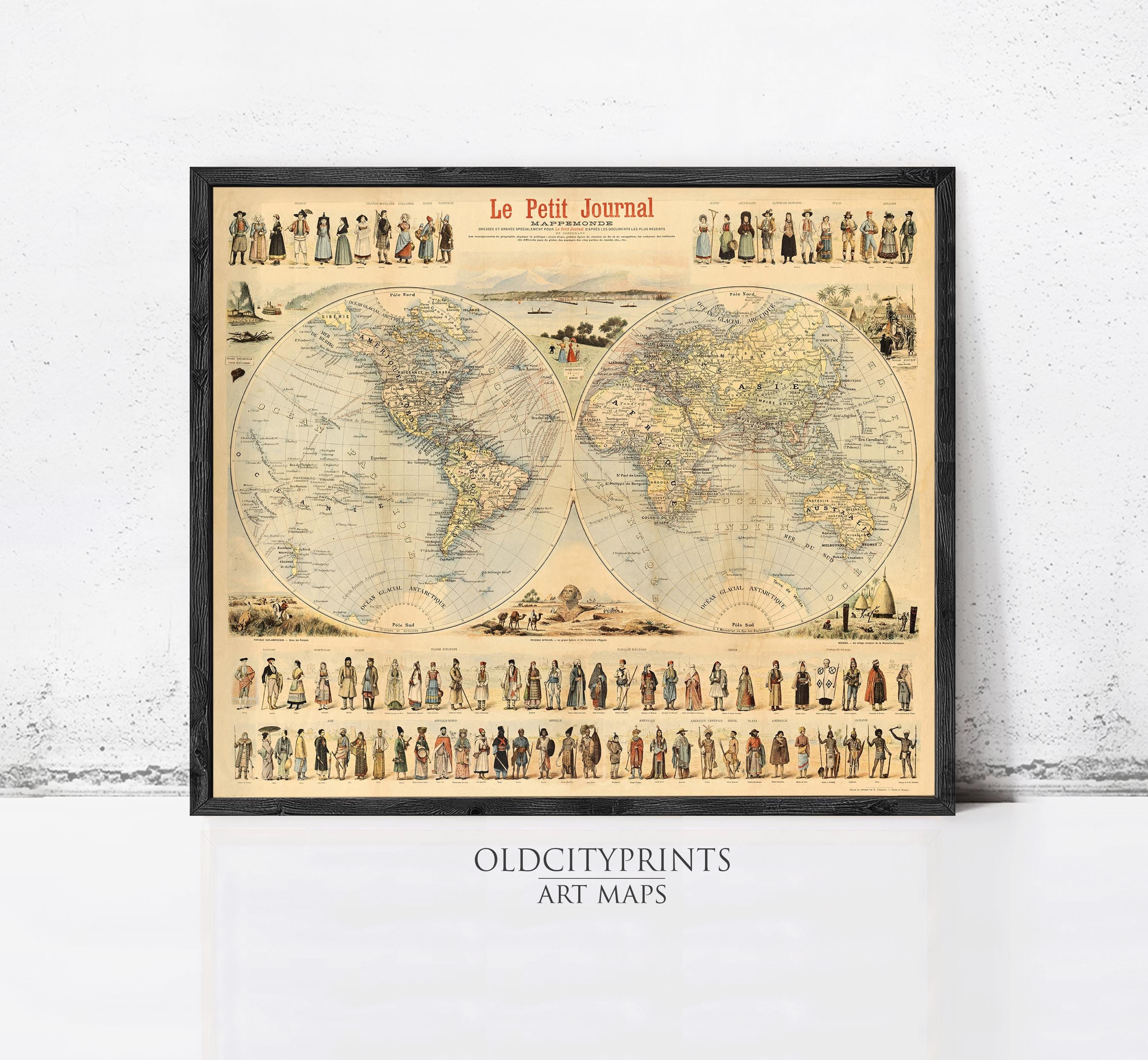 The image is a framed vintage map of the world, depicting people in various outfits and styles, likely representing different cultures and time periods.