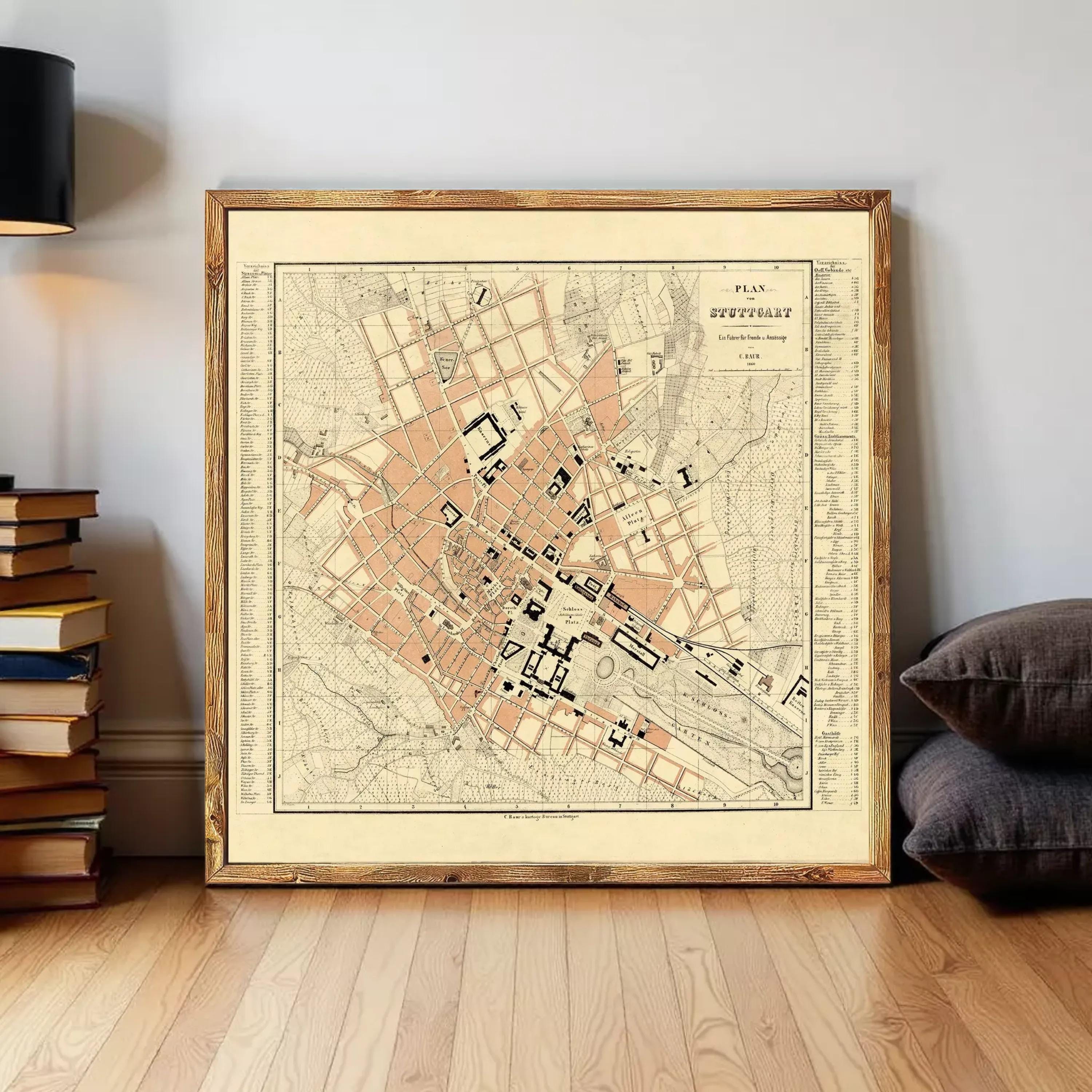 The image is a framed map of a city, likely from the 19th century, with a vintage appearance.