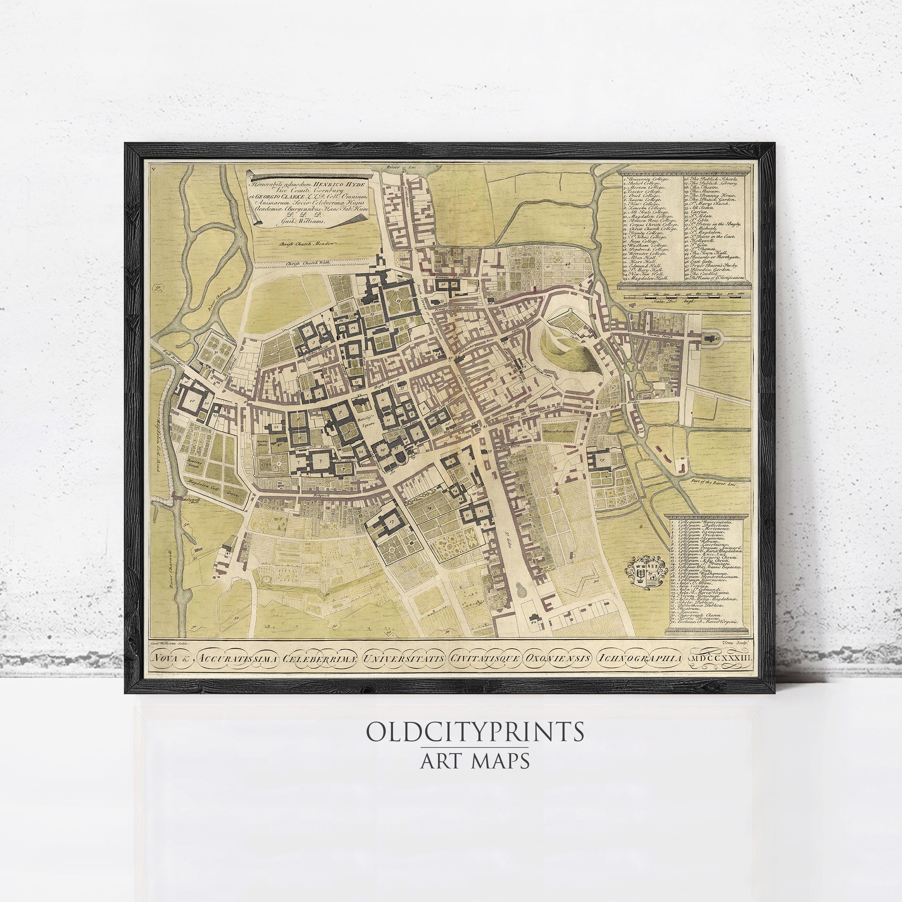 The image is a framed vintage map of a city, likely from the 16th century, with detailed cartography and labels.