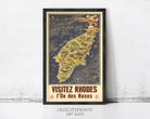 The image is a framed vintage travel poster depicting a map of Rhodes, Greece.