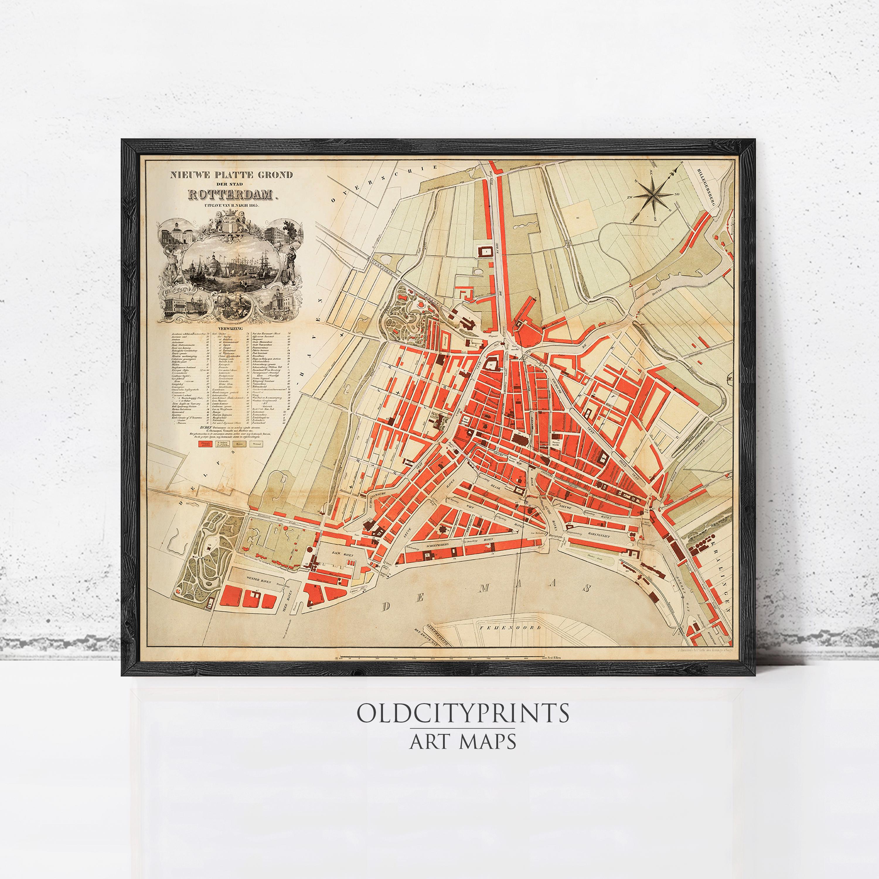 The image is a framed vintage map of Amsterdam, Netherlands, depicting the city's layout and streets.