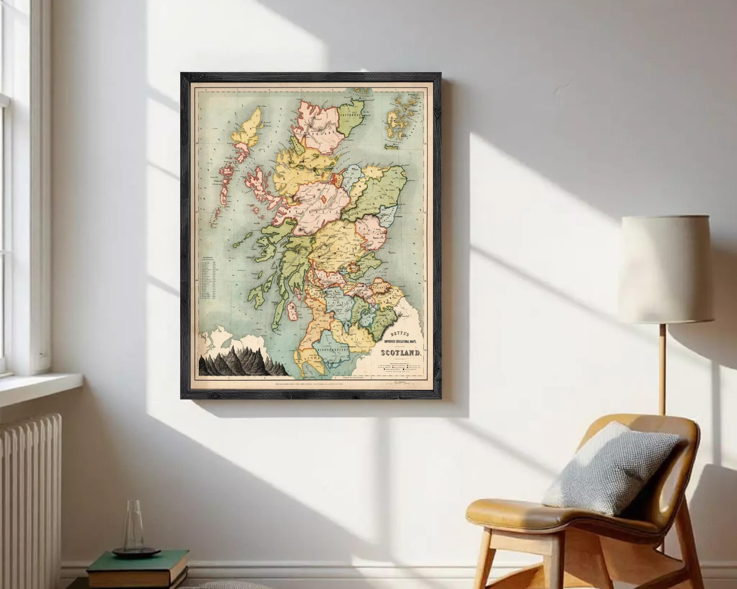 The image is a framed vintage map of Scotland, depicting the country's geographical layout and boundaries.