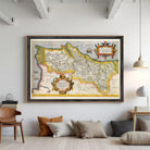 The image is a framed vintage map of a region, likely from the 16th century, with intricate details and decorative elements.