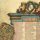 The image is a detailed map of a city, featuring various landmarks and streets. The map is surrounded by a decorative border and includes a list of names and descriptions of the different elements within the city.