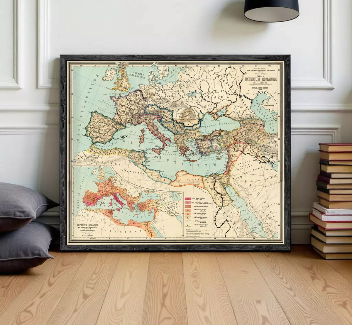 The image is a framed vintage map of the Roman Empire, depicting the Mediterranean region and surrounding areas.