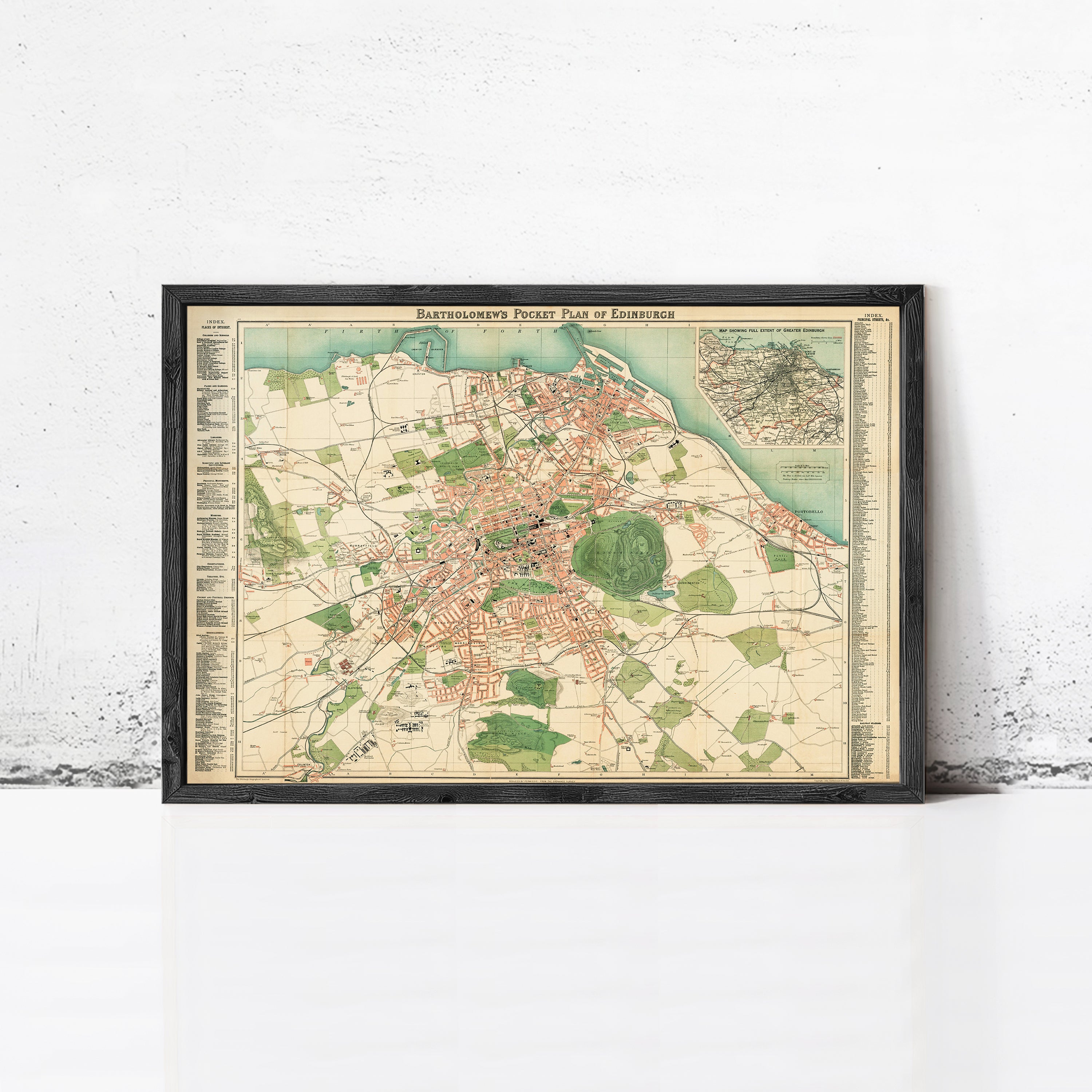 The image is a framed vintage map of Edinburgh, Scotland, depicting the city's layout and surrounding areas.