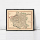 The image is a framed map of Poland, depicting the country's geographical layout and boundaries.