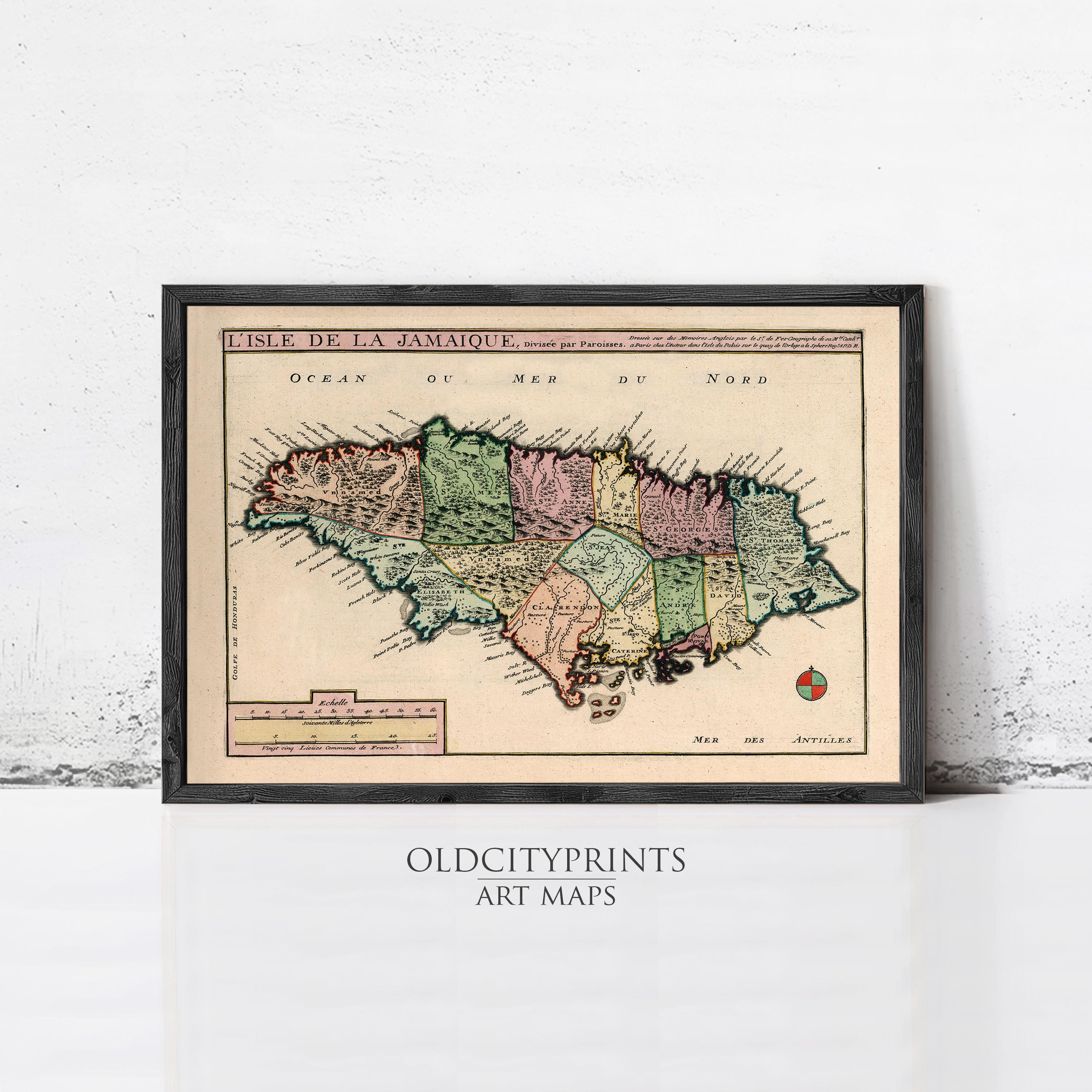 The image is a framed vintage map of Jamaica, depicting the island's geographical layout and surrounding areas.
