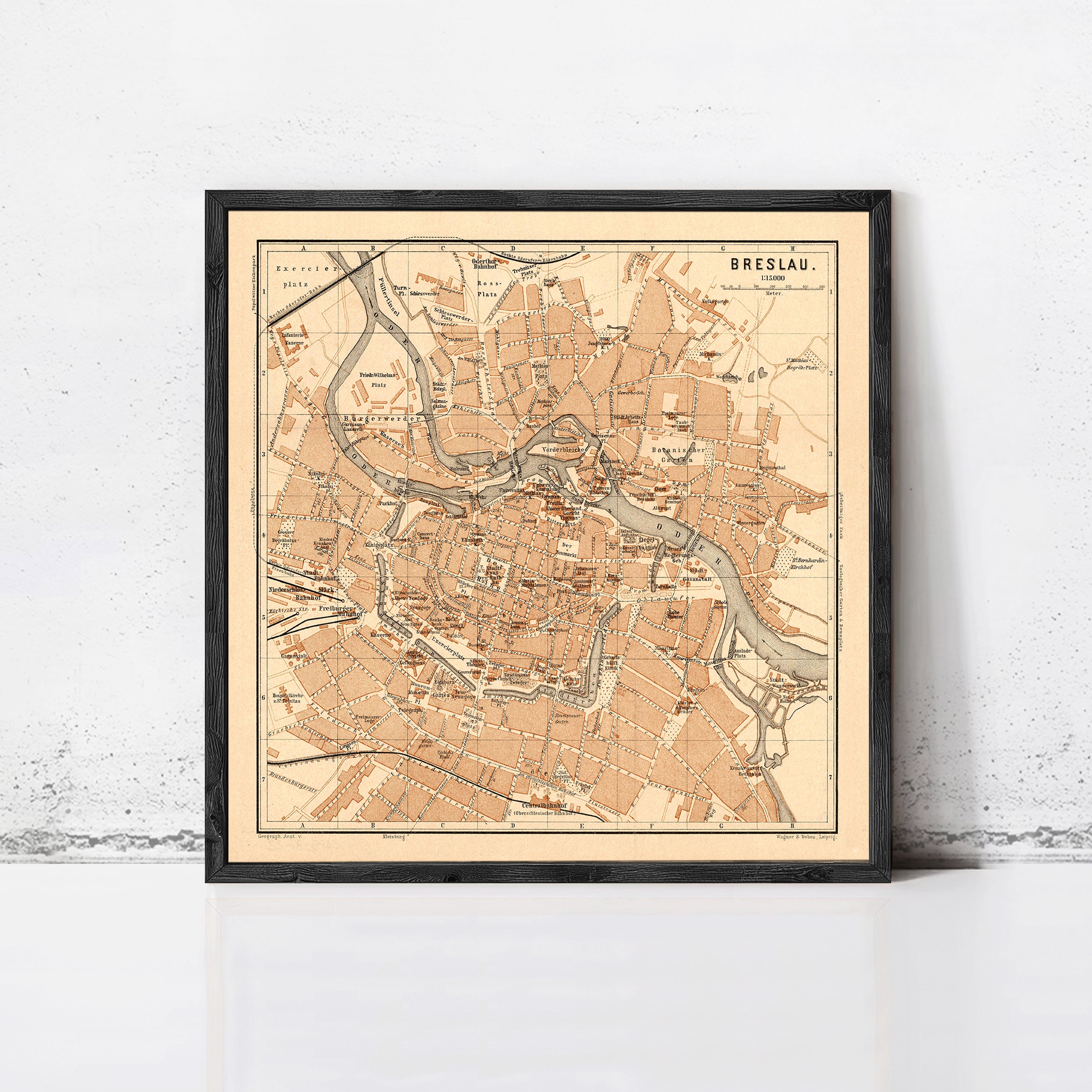 The image is a framed vintage map of Breslau, Germany, depicting the city's layout and surrounding areas.