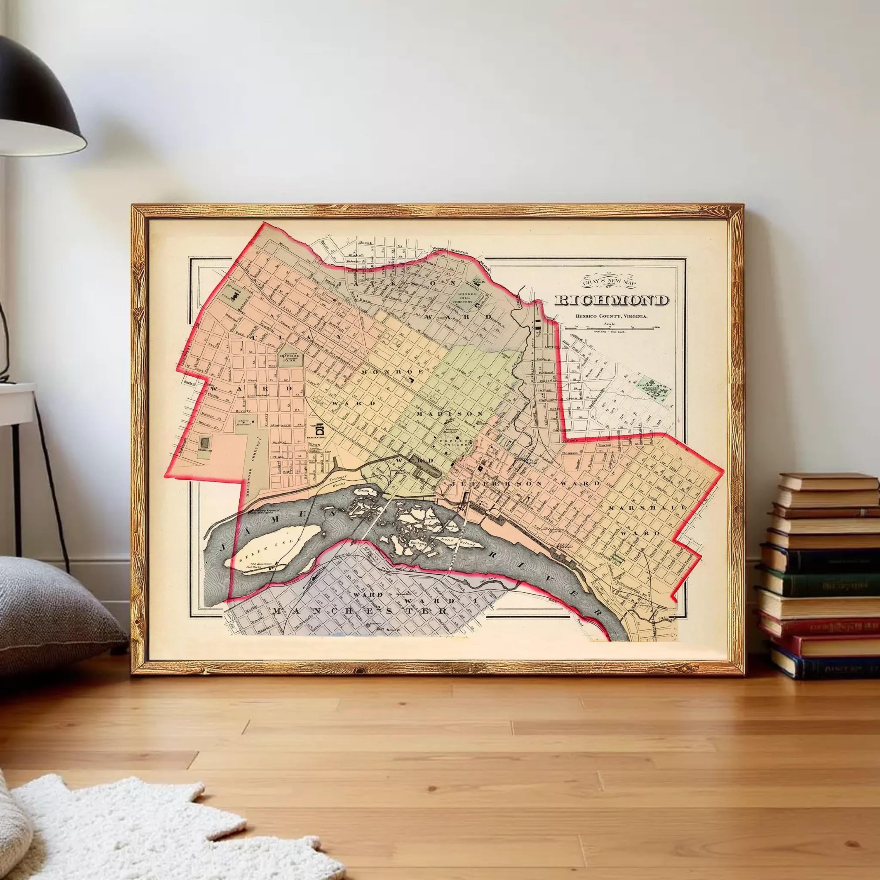 The image is a framed vintage map of St. Louis, Missouri, depicting the city's streets and surrounding areas.