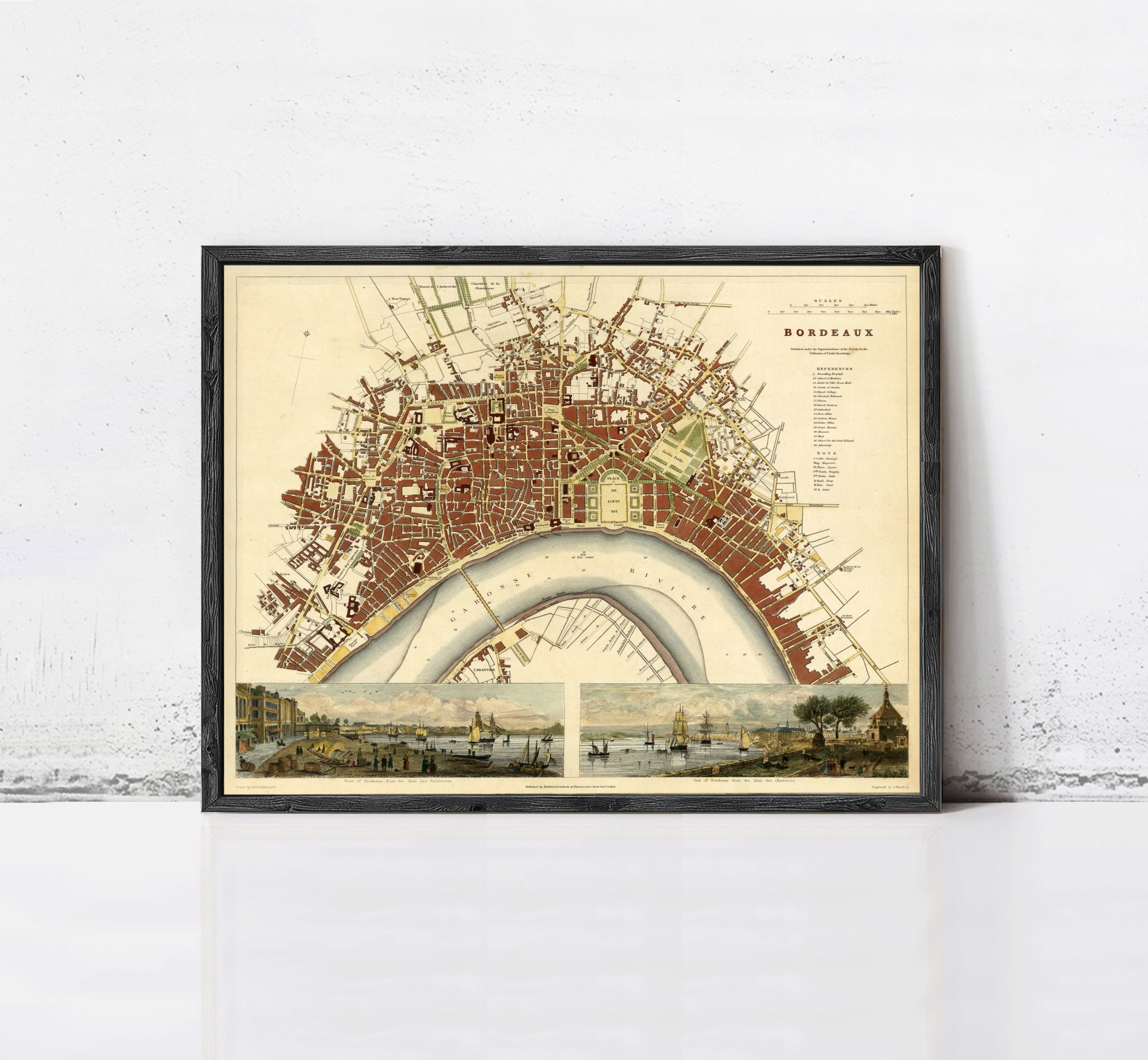 The image is a framed vintage map of the city of Bordeaux, France, depicting the city's layout and surrounding areas.