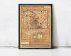 The image is a framed antique map of a city, likely from the 19th century, with intricate details and a vintage appearance.