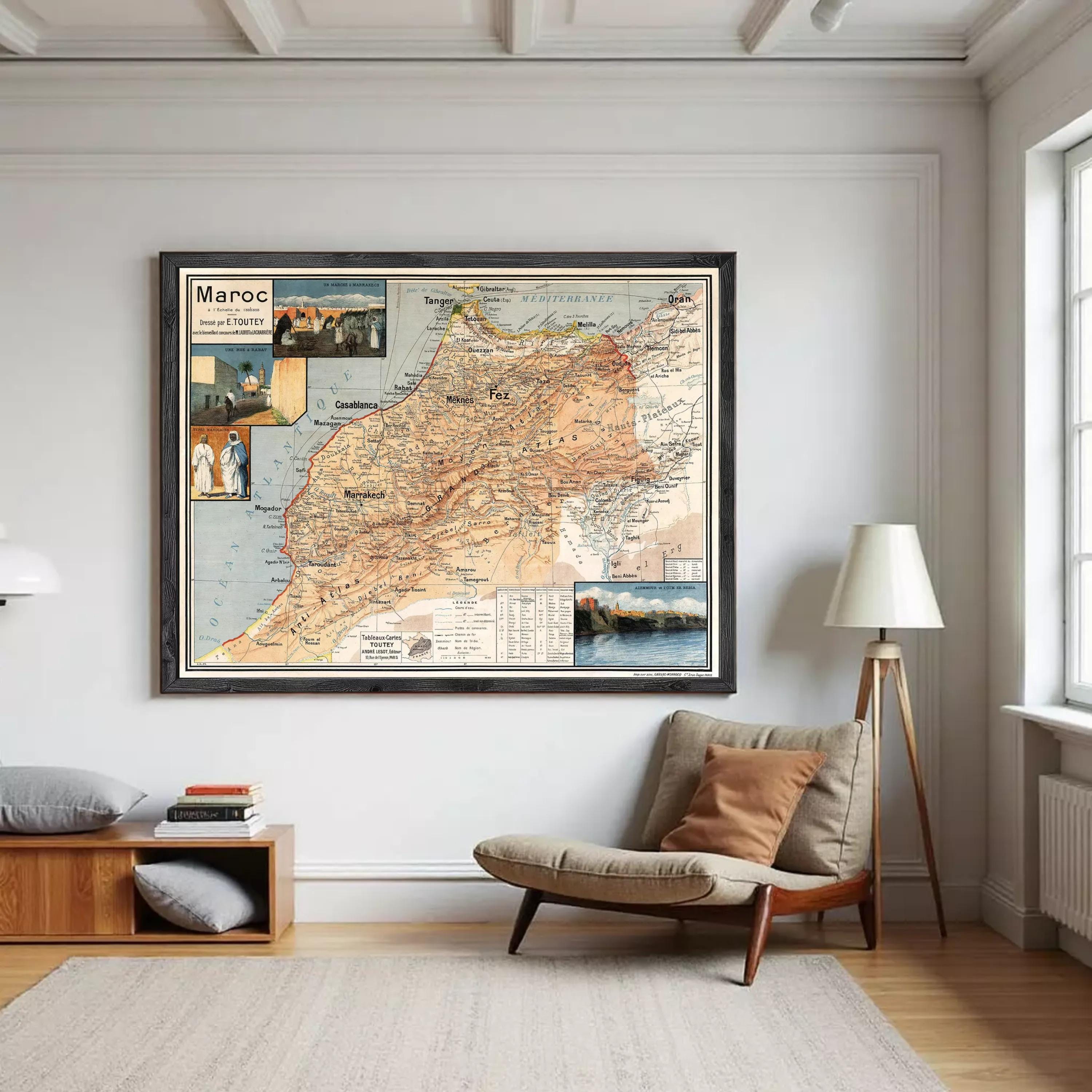 The image is a framed vintage map of Morocco, depicting various landmarks and regions within the country.