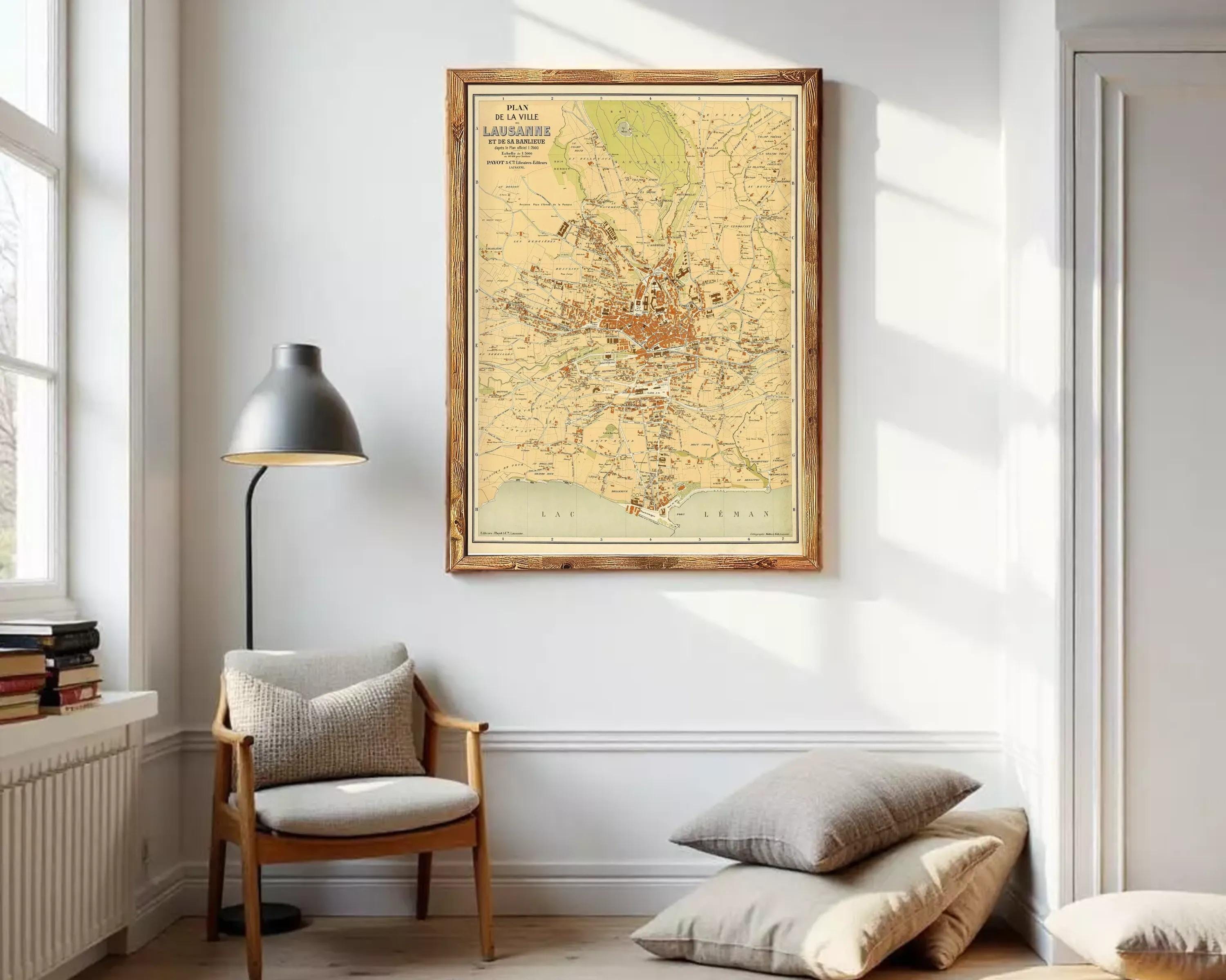 The image is a framed vintage map of the city of Lusanne, Switzerland, depicting the city's layout and surrounding areas.