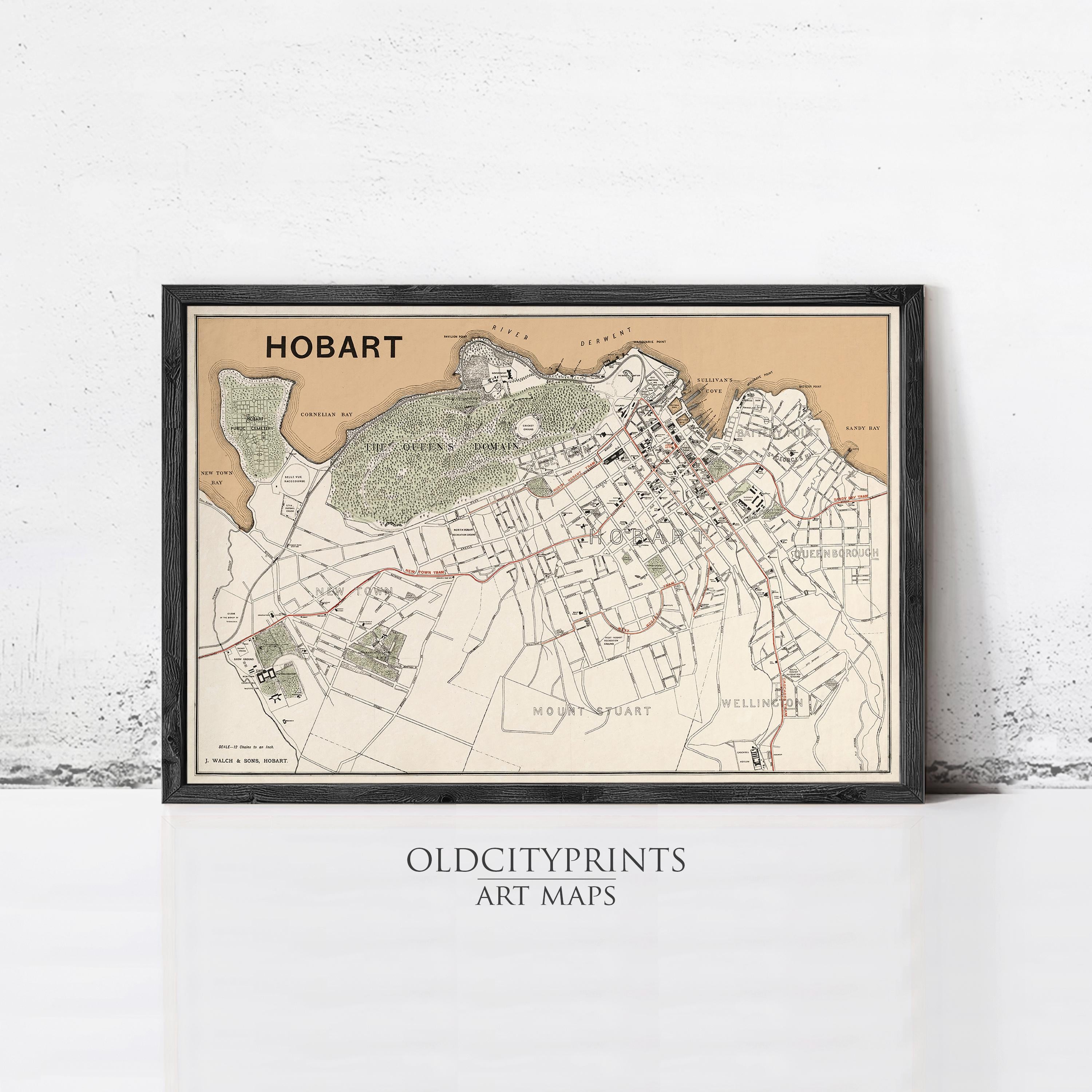 The image is a framed vintage map of Hobart, Australia, depicting the city's layout and surrounding areas.