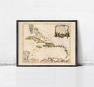 The image is a framed vintage map of the Caribbean region, depicting various islands and coastlines.