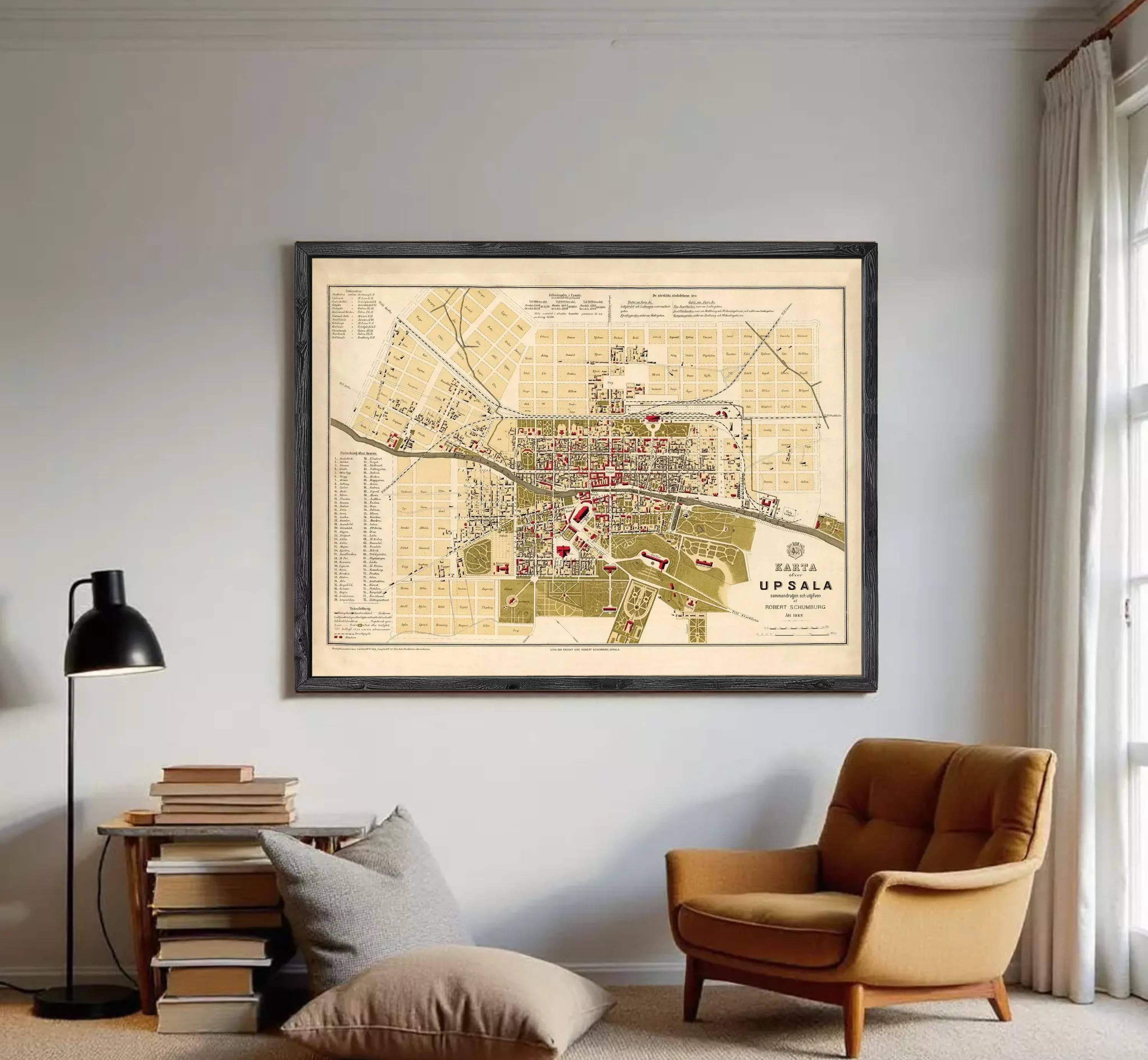 The image is a framed vintage map of Uppsala, Sweden, depicting the city's layout and surrounding areas.
