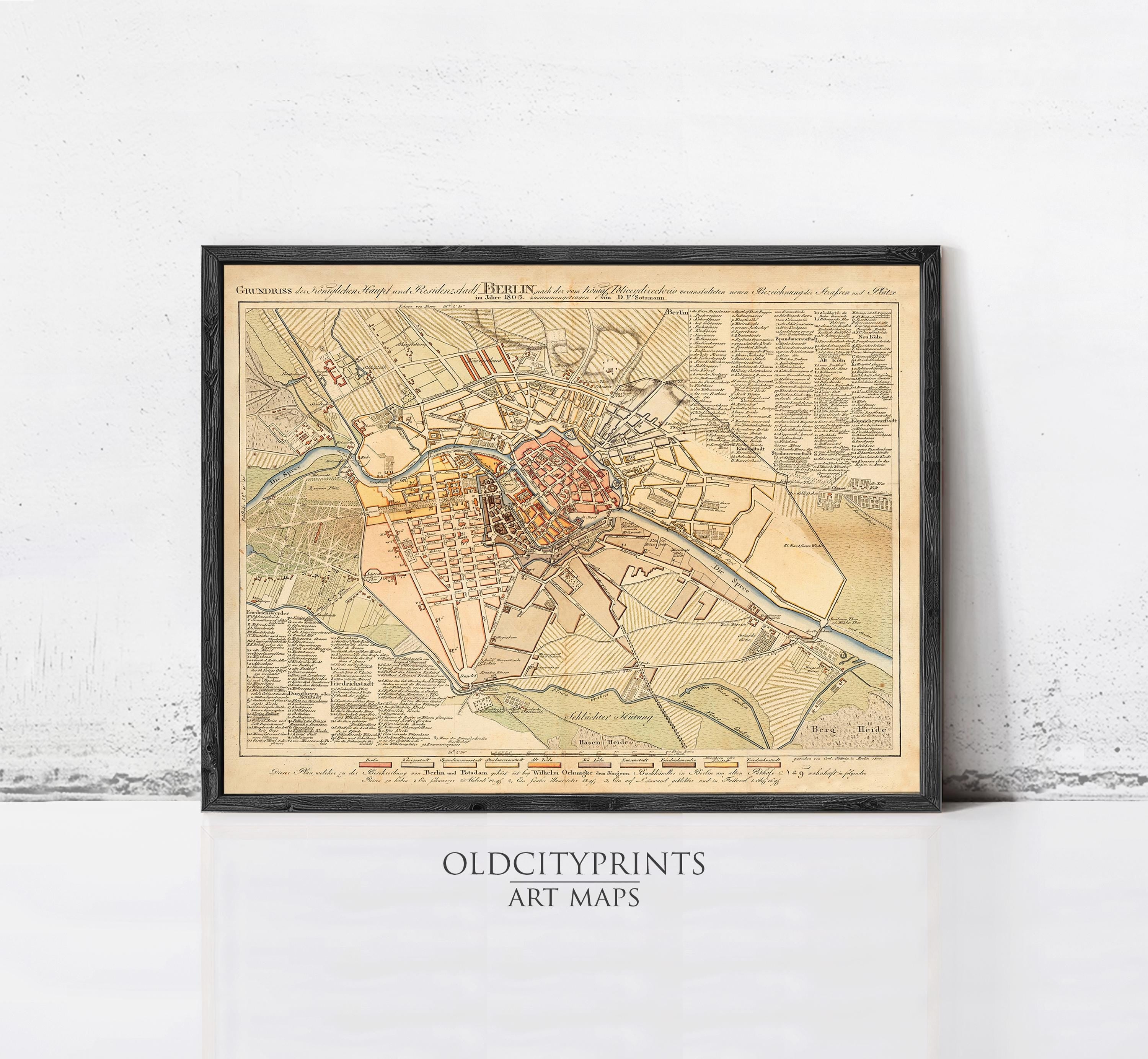 The image is a framed vintage map of Berlin, Germany, depicting the city's layout and surrounding areas.